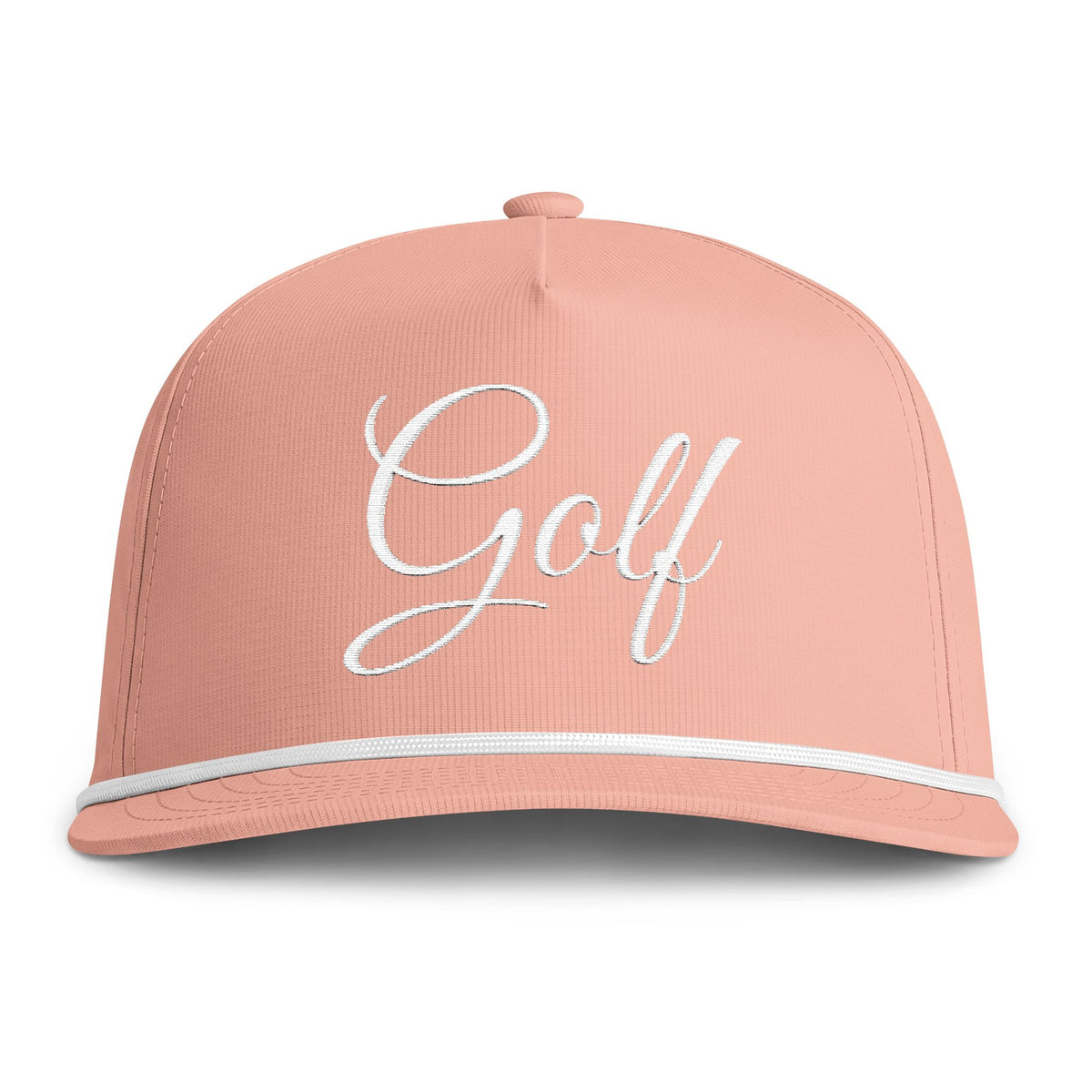 Peach trucker cap with embroidered 'Golf' script and white contrast trim