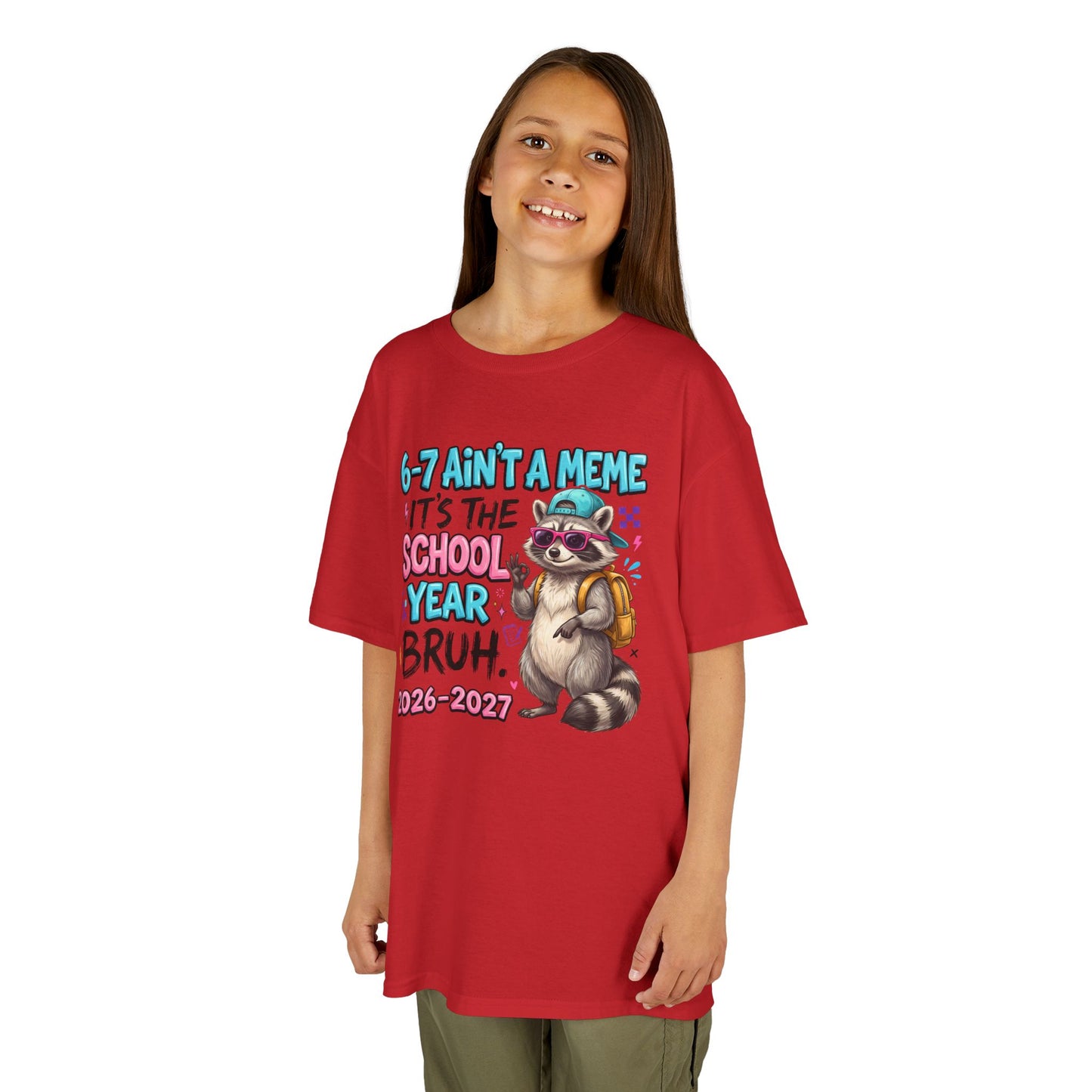 Red kids graphic T-shirt with raccoon backpack meme print, worn by child