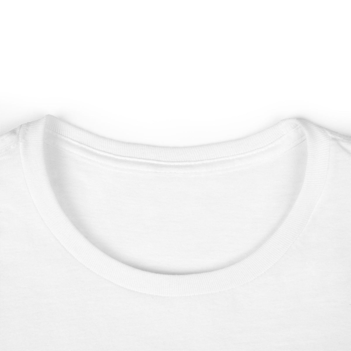 White crewneck tee collar close-up with ribbed neckline
