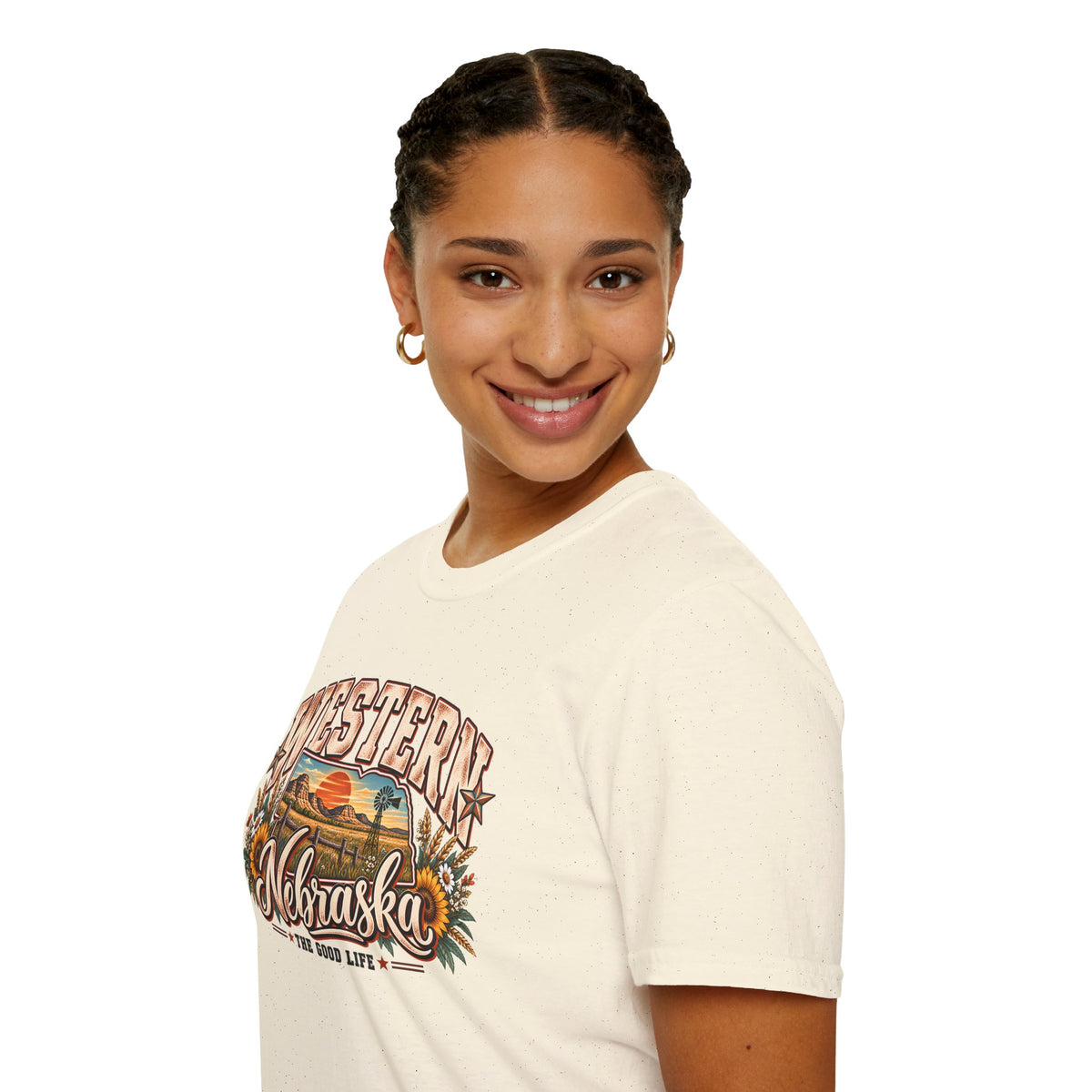 Natural T-shirt on model, showing Western Nebraska vintage front print