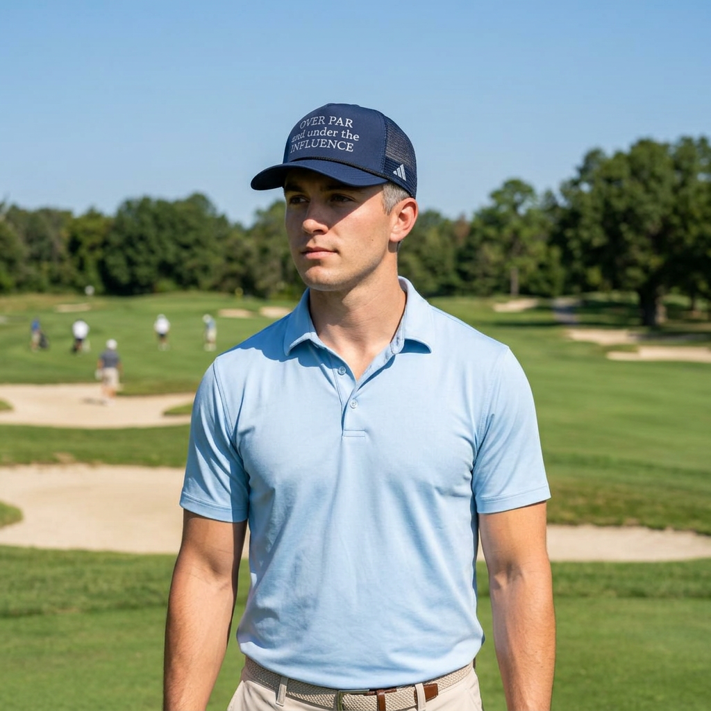 Navy mesh trucker cap worn on a golfer’s head, embroidered “OVER PAR…”