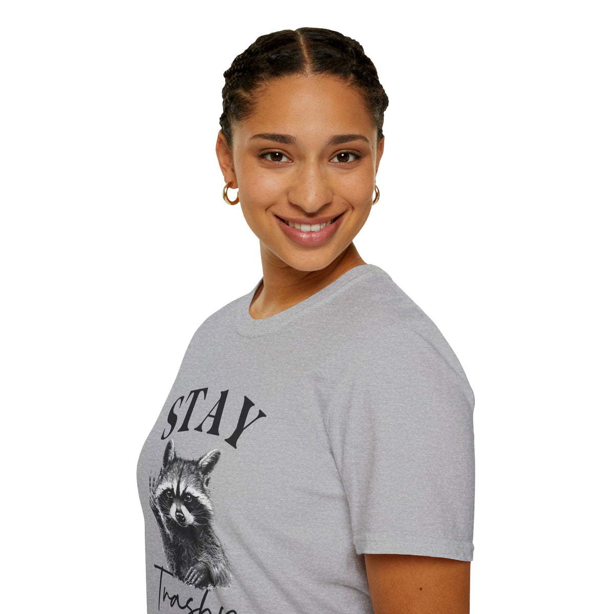 Sport grey raccoon graphic T-shirt close-up worn by model with “STAY” and “Trashy”