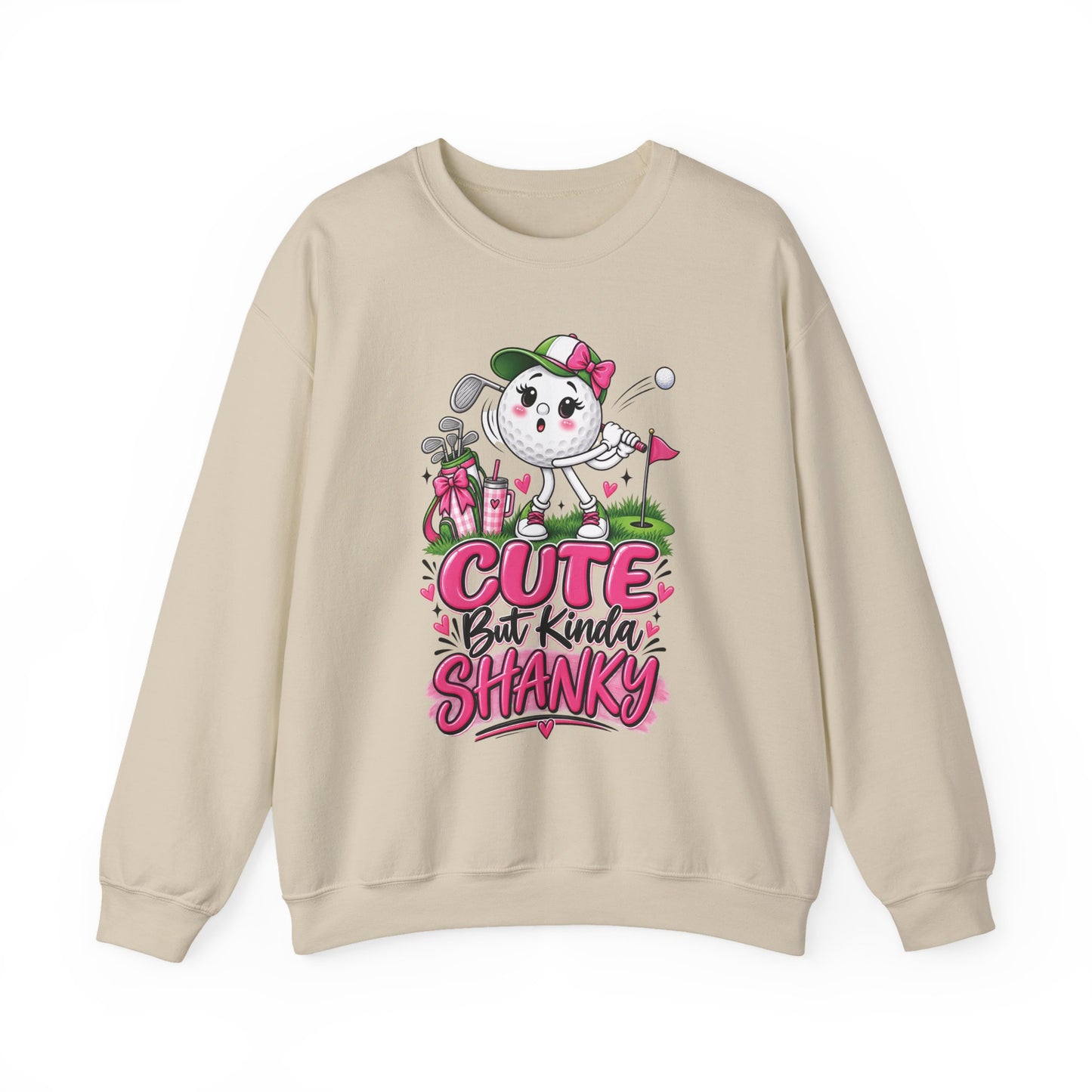 Sand ladies golf sweatshirt, cartoon golfer graphic with pink 'Cute But Kinda Shanky' text