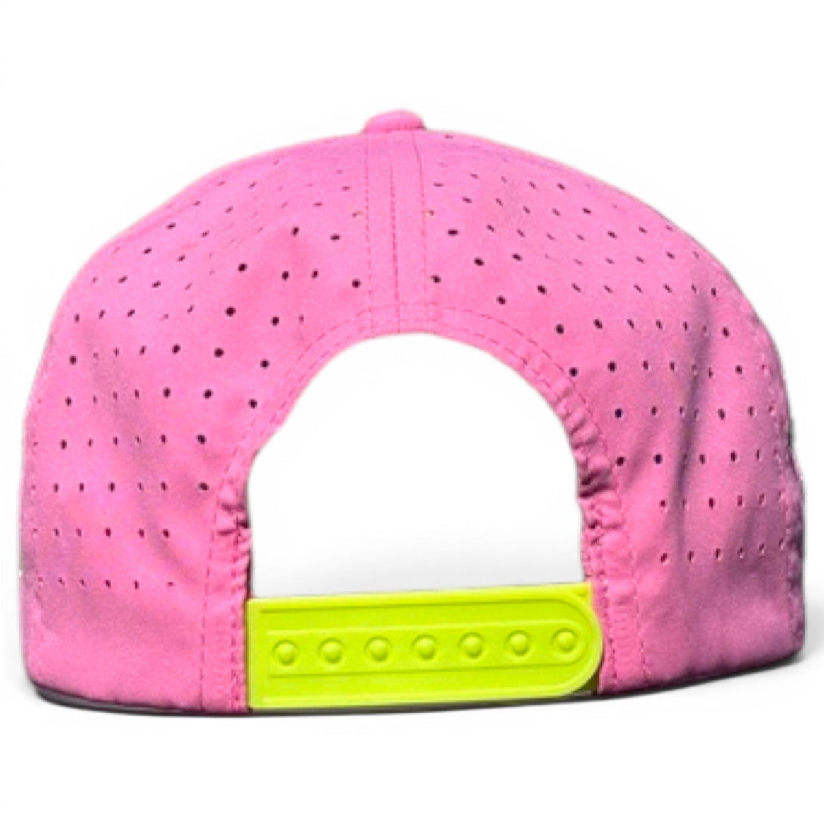 Pink snapback golf hat back with perforated panels and bright green closure strap