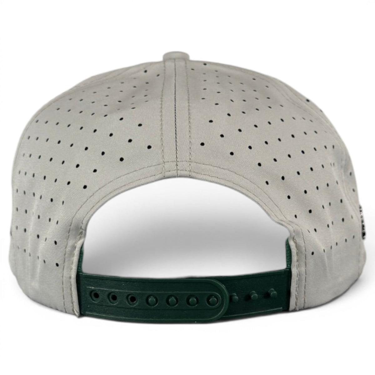 Light gray snapback golf cap back view with perforated crown and green snapback strap panel