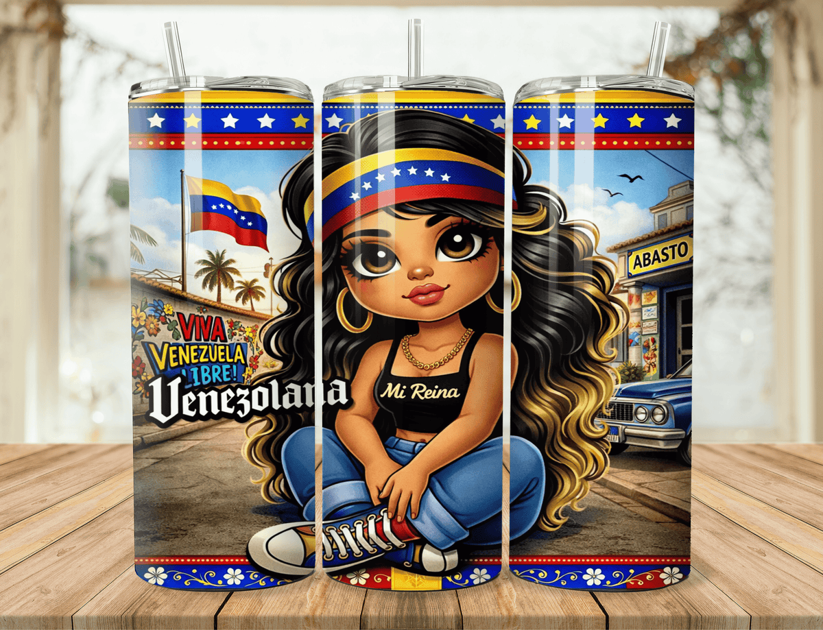 20oz tumbler set of three with clear lids and straws, Latina chibi portrait illustration