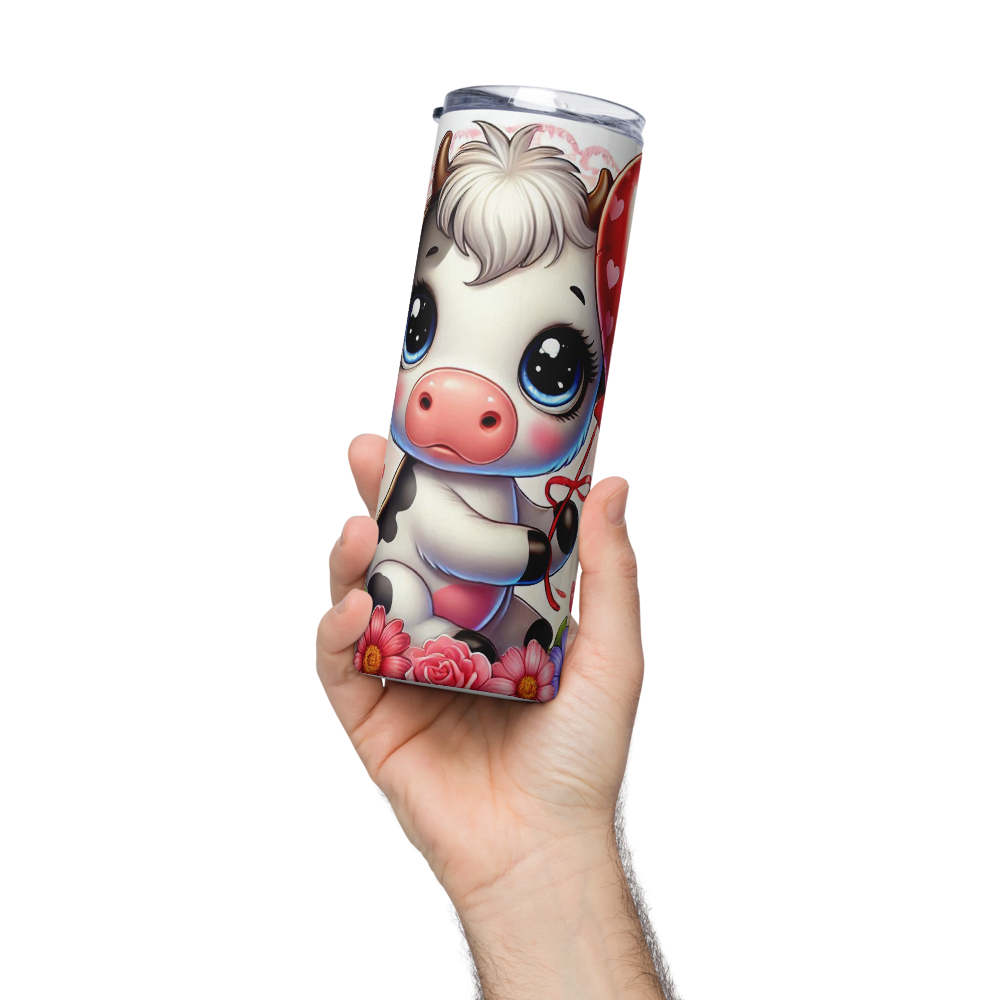 Insulated tumbler with straw, calf character graphic with hearts and flowers