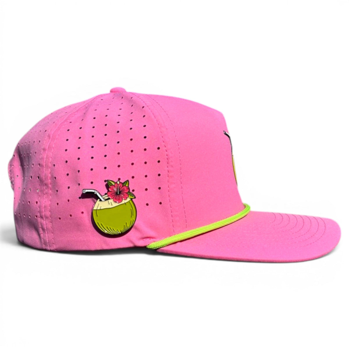 Pink golf snapback hat with perforated panels and coconut cocktail patch on side