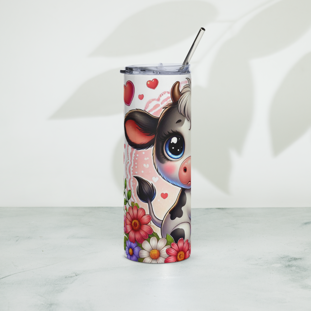 Insulated tumbler with straw, close view of calf face with pink hearts