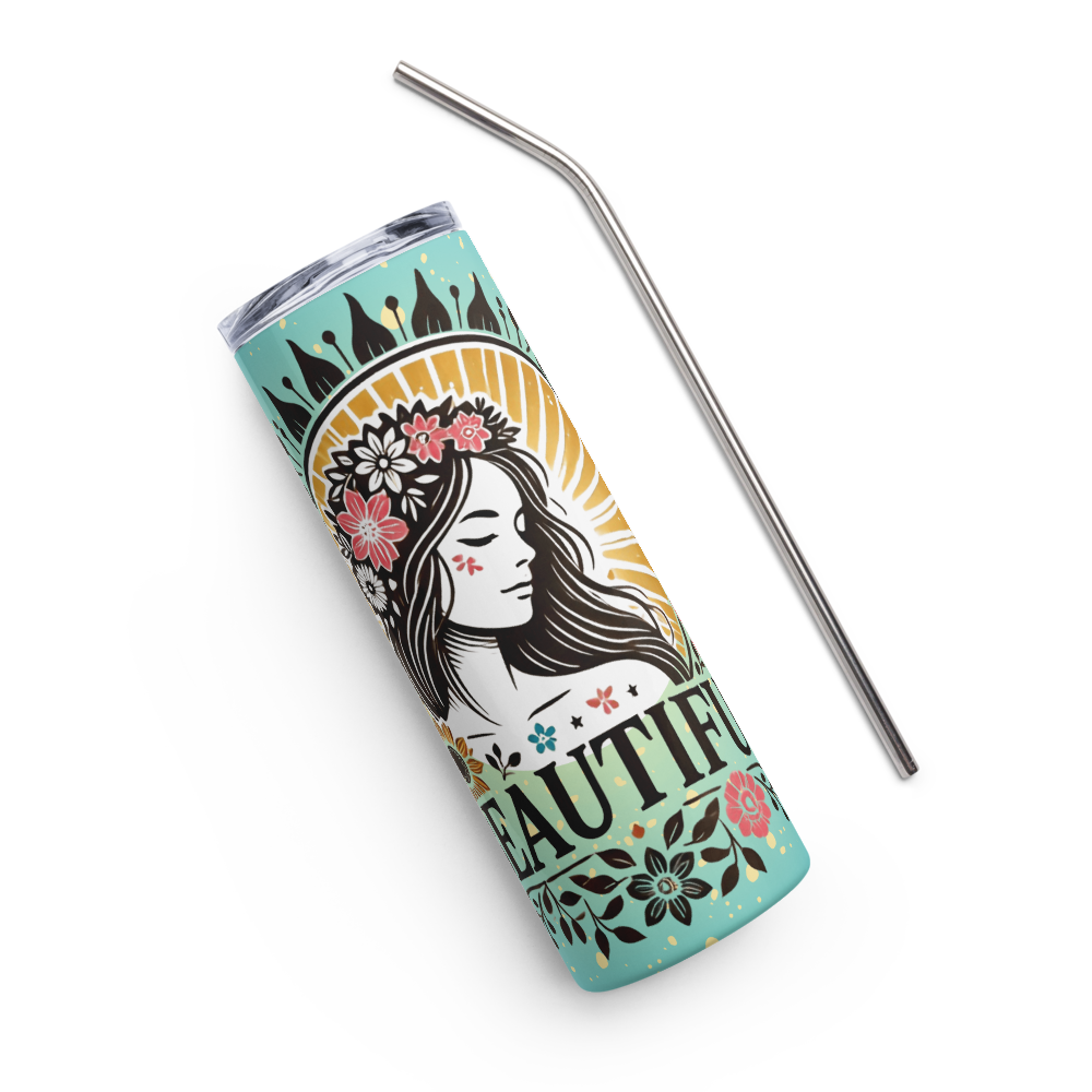 Teal statement tumbler angled view with woman face floral design and black straw
