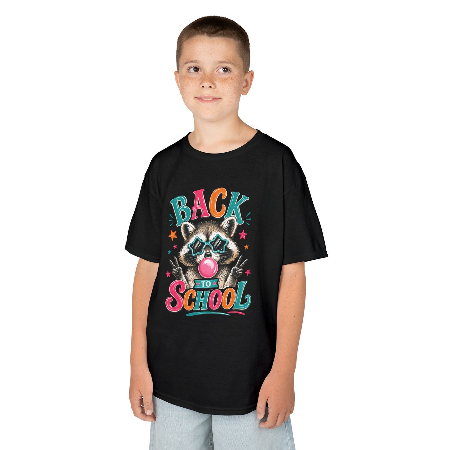 Kids black crewneck T-shirt with “Back to School” raccoon graphic on chest