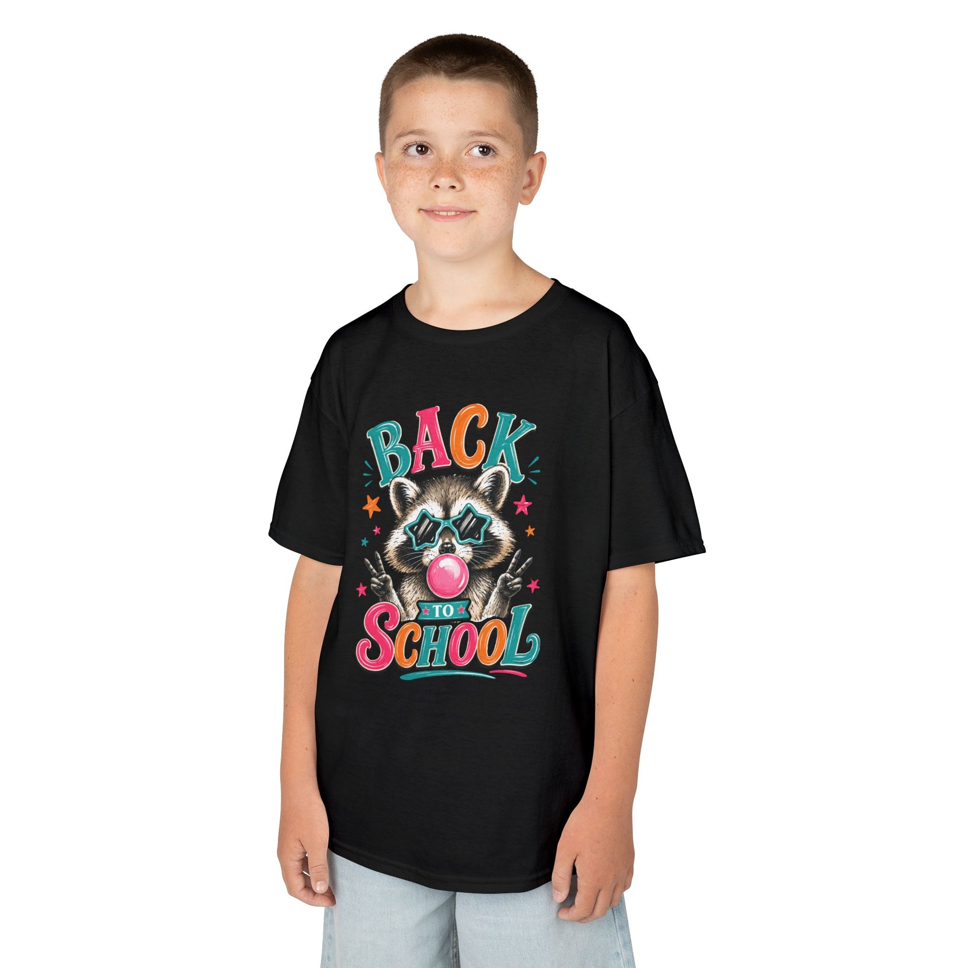 Kids black crewneck T-shirt with “Back to School” raccoon graphic on chest