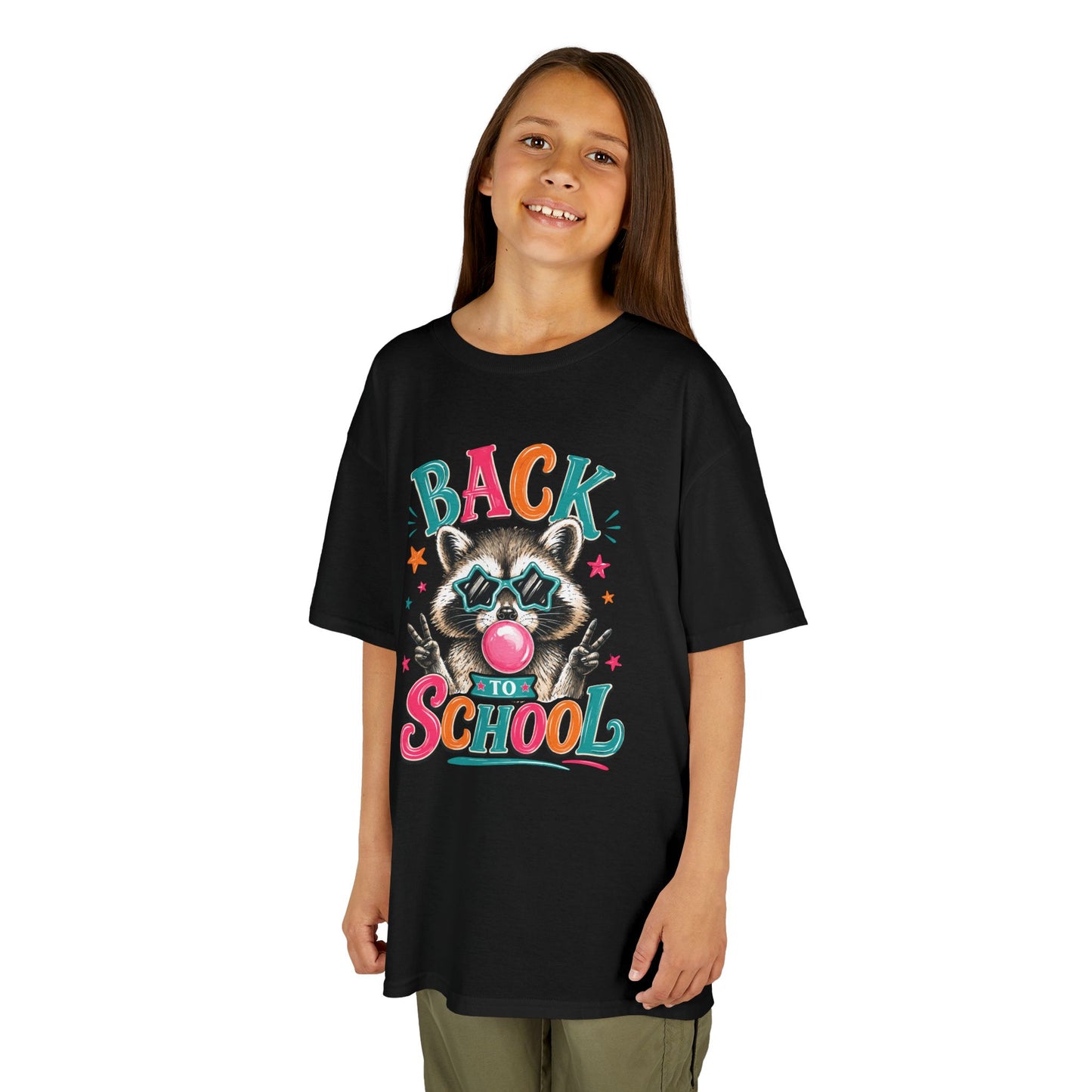 Kids black crewneck T-shirt with “Back to School” raccoon graphic