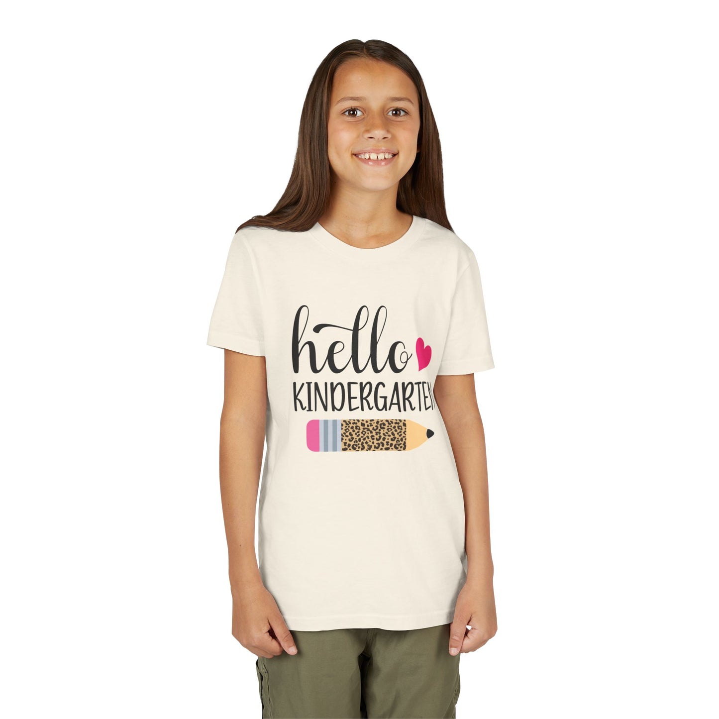 Youth T-shirt, white with “hello kindergarten” graphic and pink heart