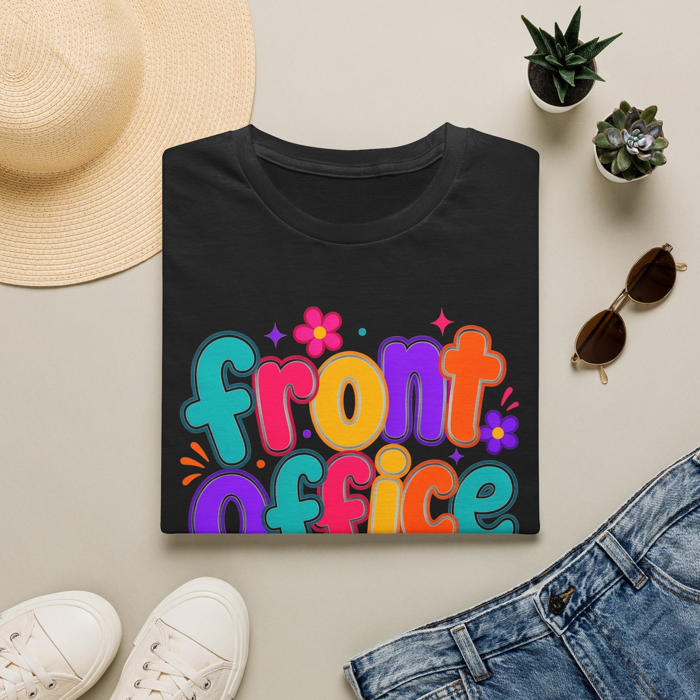 Black T-shirt with large colorful 'Front Office' retro floral text print
