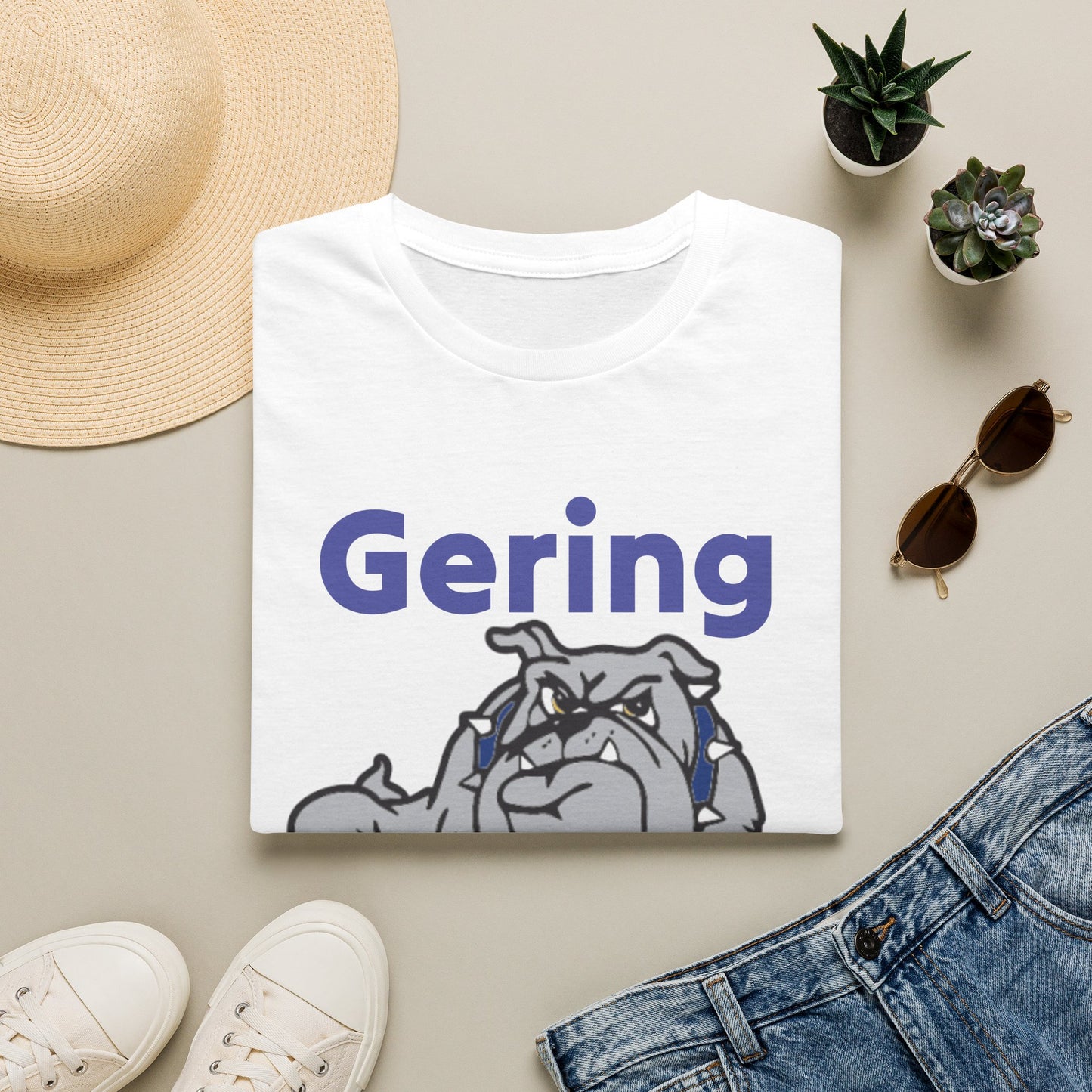 White Bulldogs mascot graphic T-shirt featuring Gering text and bulldog logo