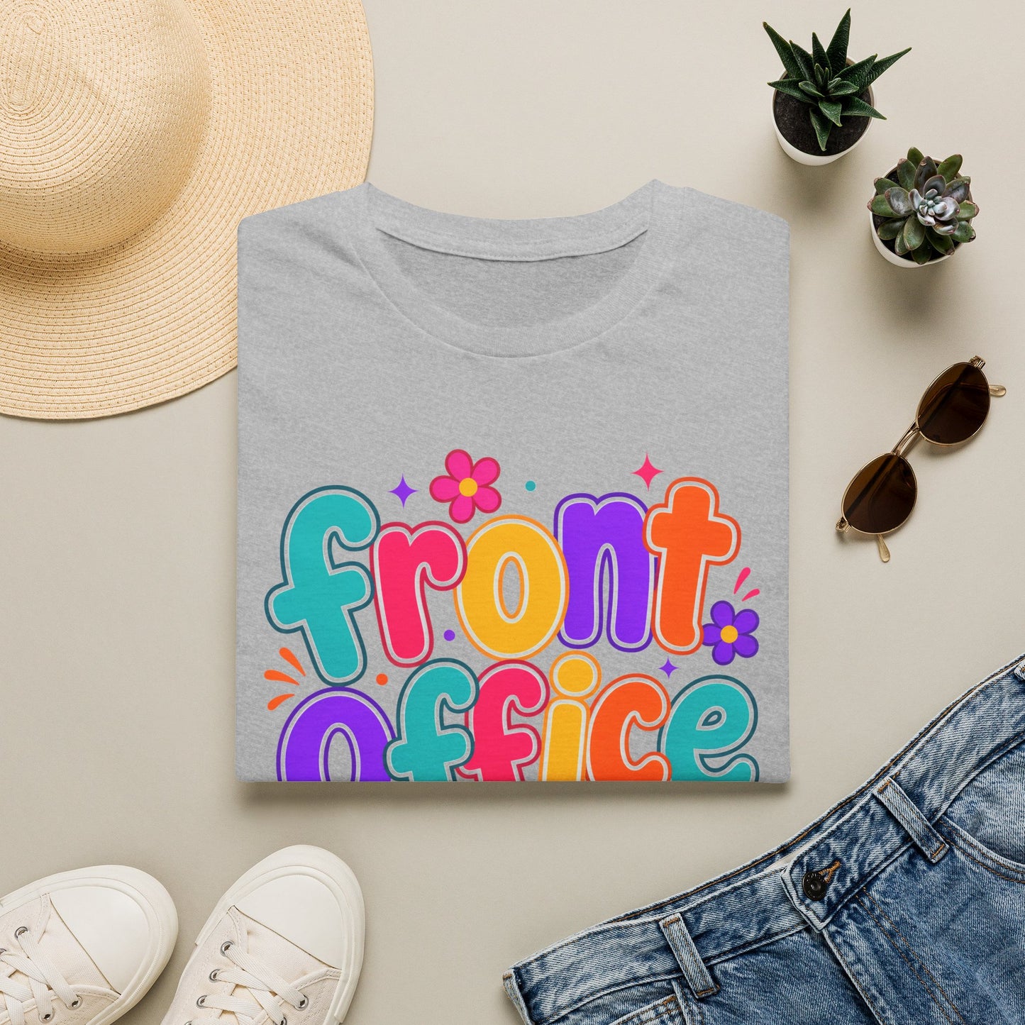 Sport grey T-shirt flat lay with colorful “front office” floral text graphic