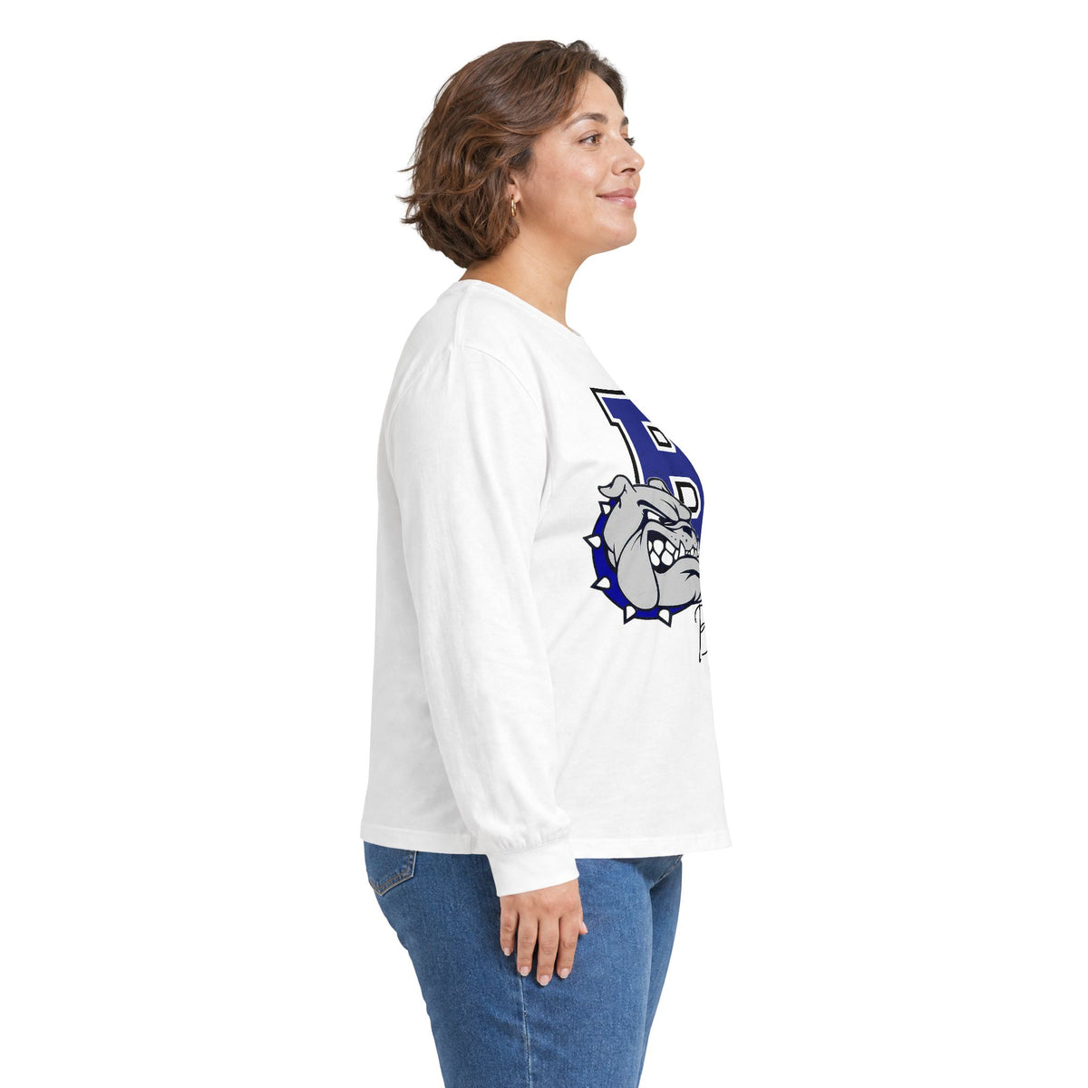 White long-sleeve crewneck shirt side view with Bulldogs bulldog logo on front