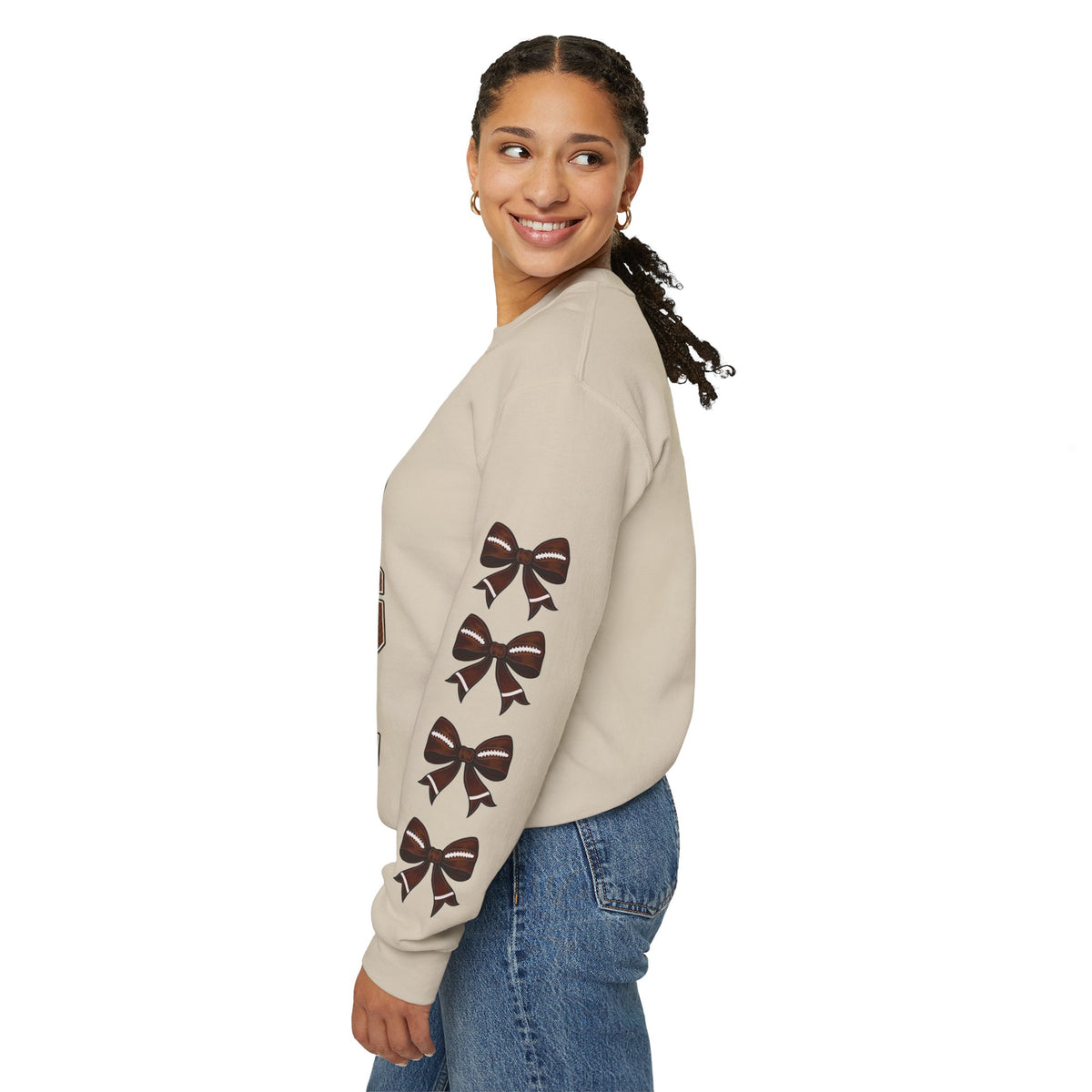 Sand crewneck sweatshirt with ribbon bow sleeve print, side view