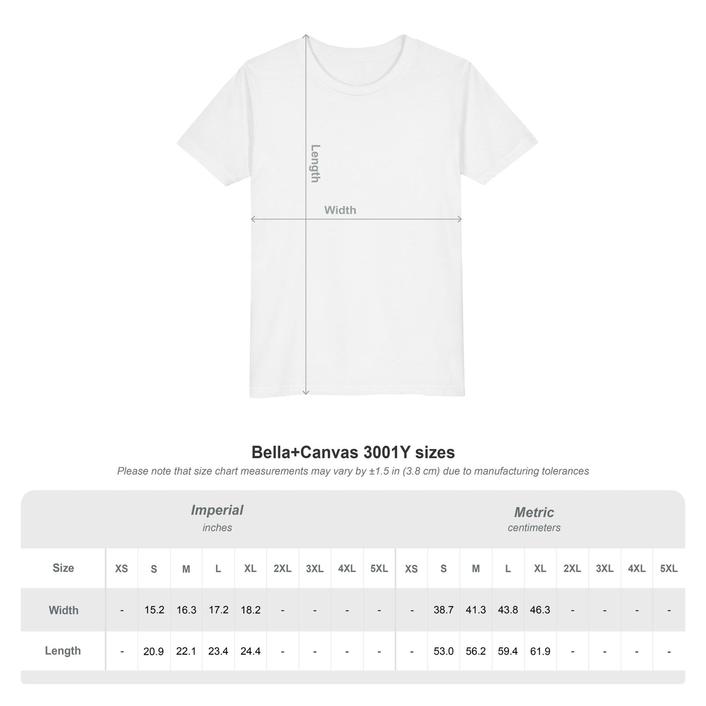 White youth T-shirt size chart for Bella+Canvas 3001Y, front view