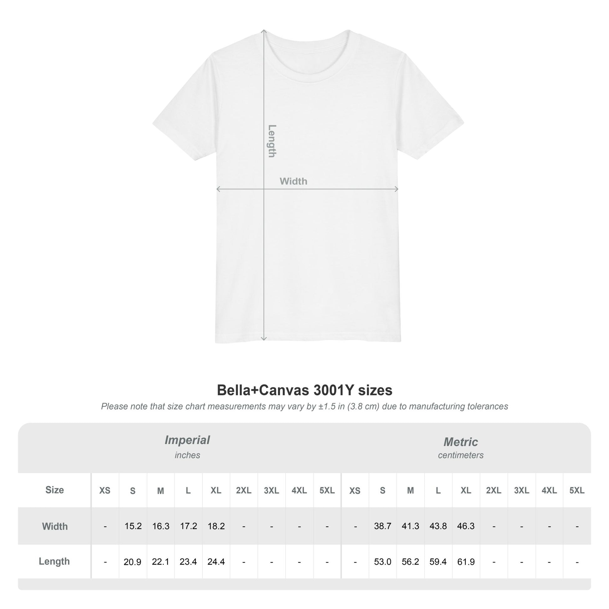 White youth T-shirt size chart for Bella+Canvas 3001Y, front view
