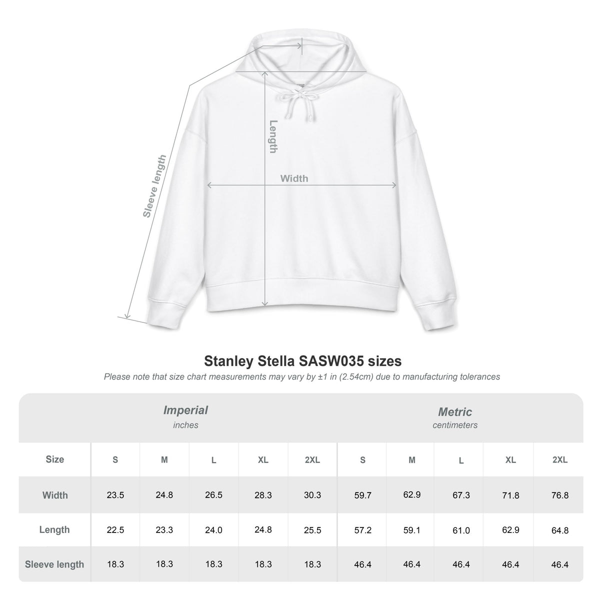 White hoodie front view with measurement size chart overlay