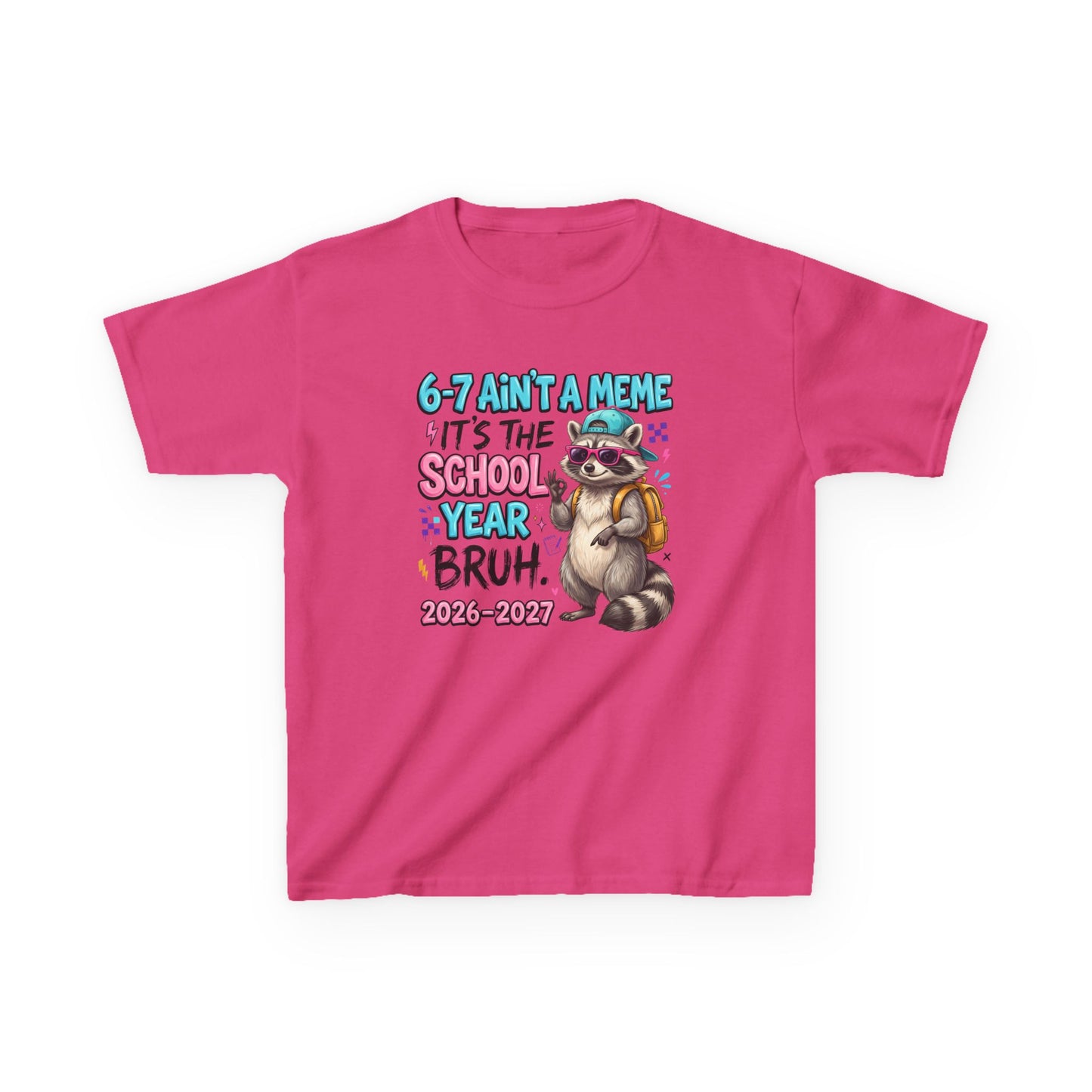 Pink kids graphic T-shirt with colorful raccoon backpack meme print, short sleeves