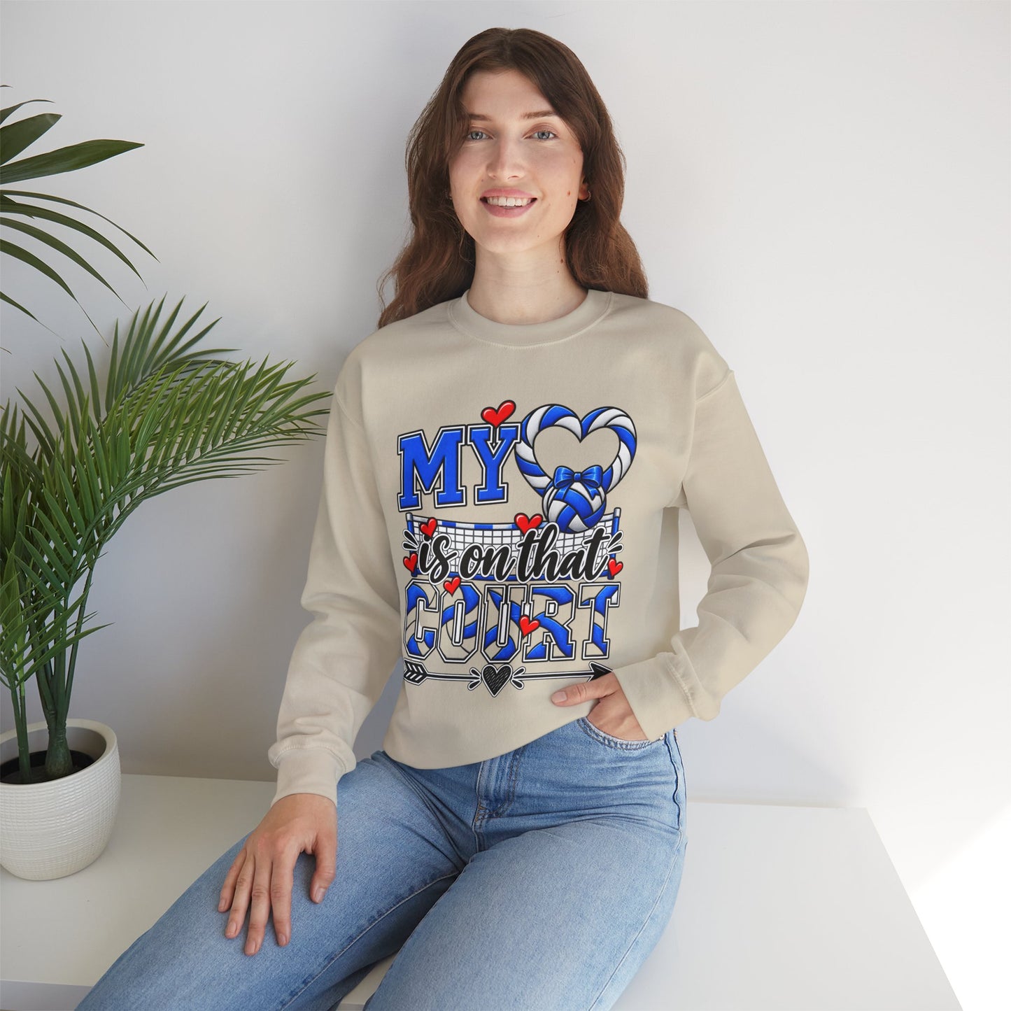 Light sand crewneck sweatshirt with blue volleyball and heart front graphic, long sleeves