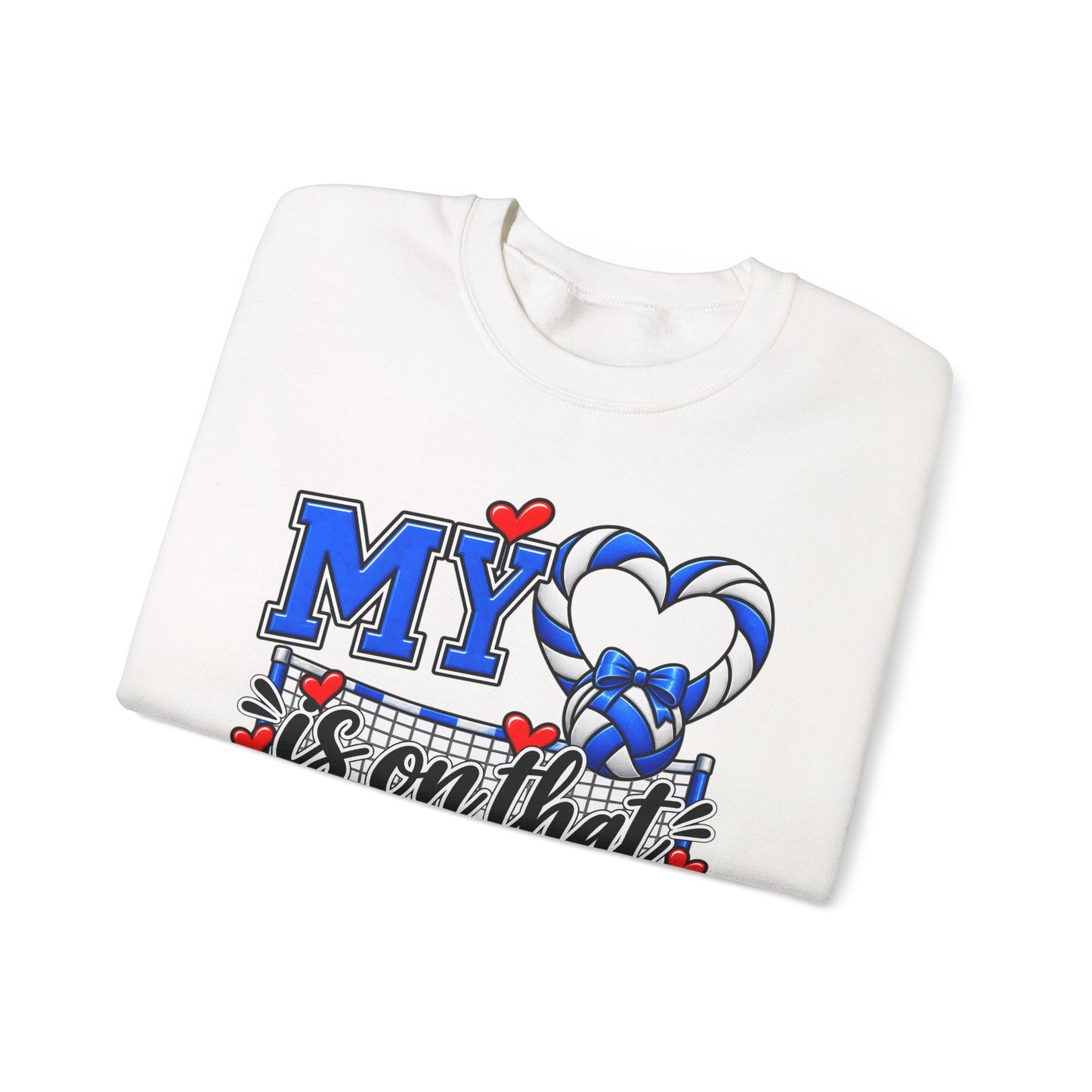 White sweatshirt with blue volleyball heart graphic and “My…” court lettering