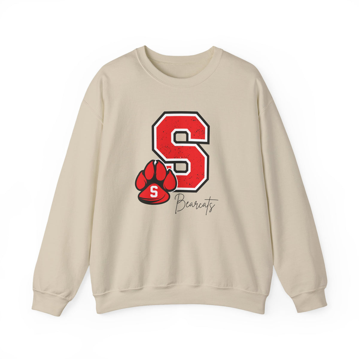 Sand crewneck sweatshirt with red S paw graphic and cursive logo