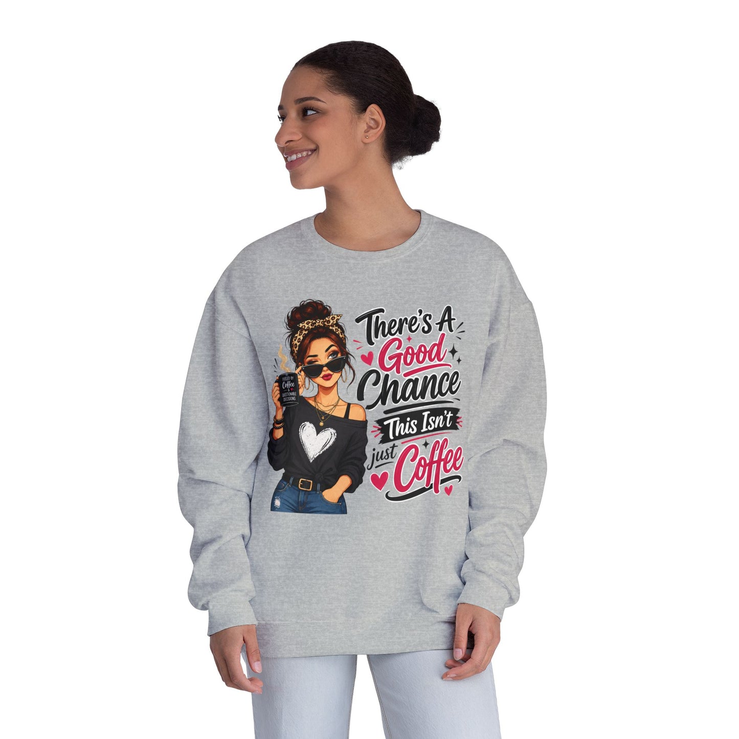 Medium gray crewneck sweatshirt with woman holding coffee graphic and slogan, worn
