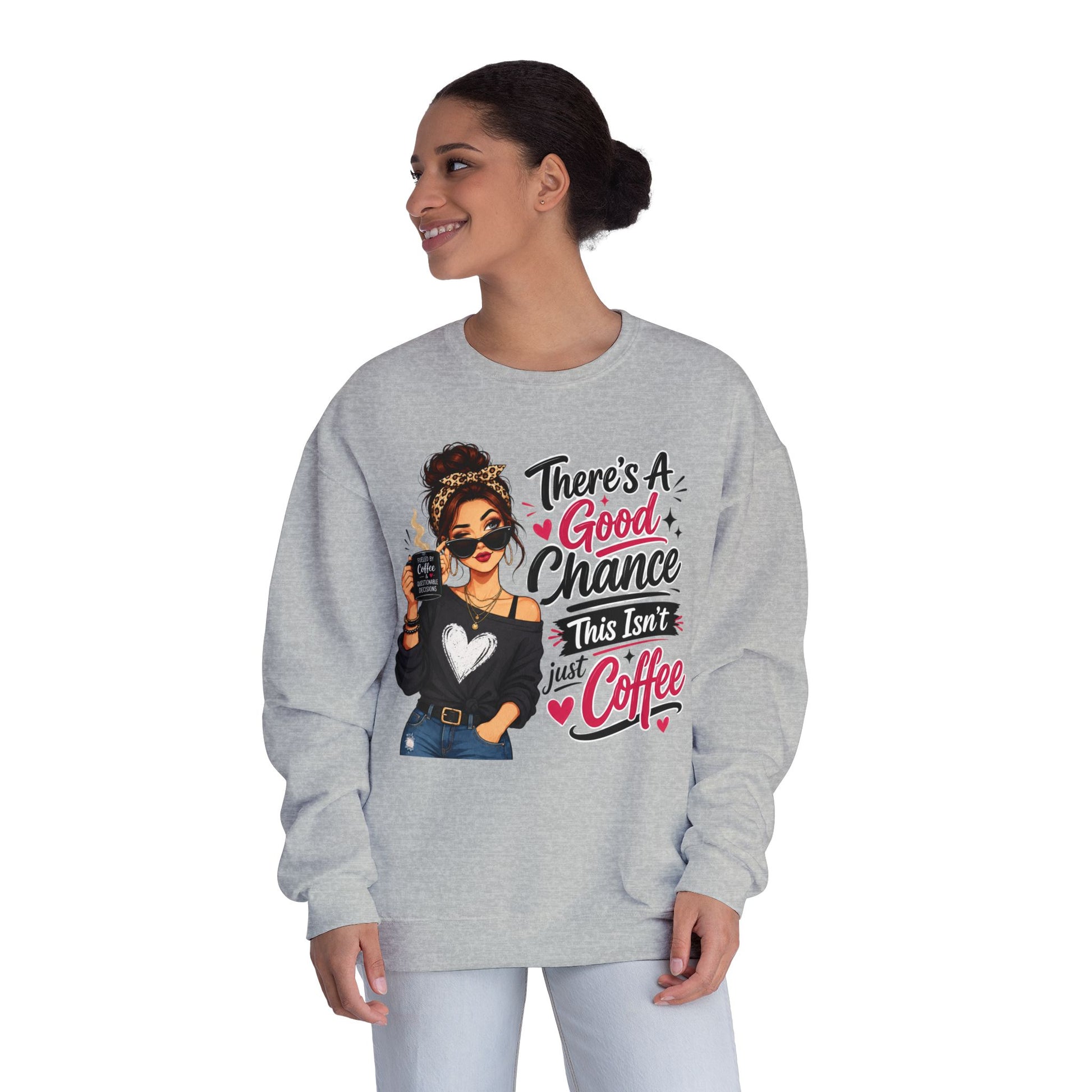 Medium gray crewneck sweatshirt with woman holding coffee graphic and slogan, worn