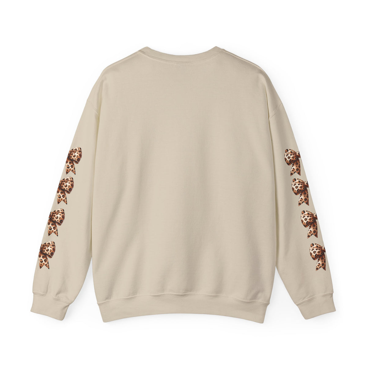 Sand crewneck sweatshirt back view with leopard bow detail on both sleeves