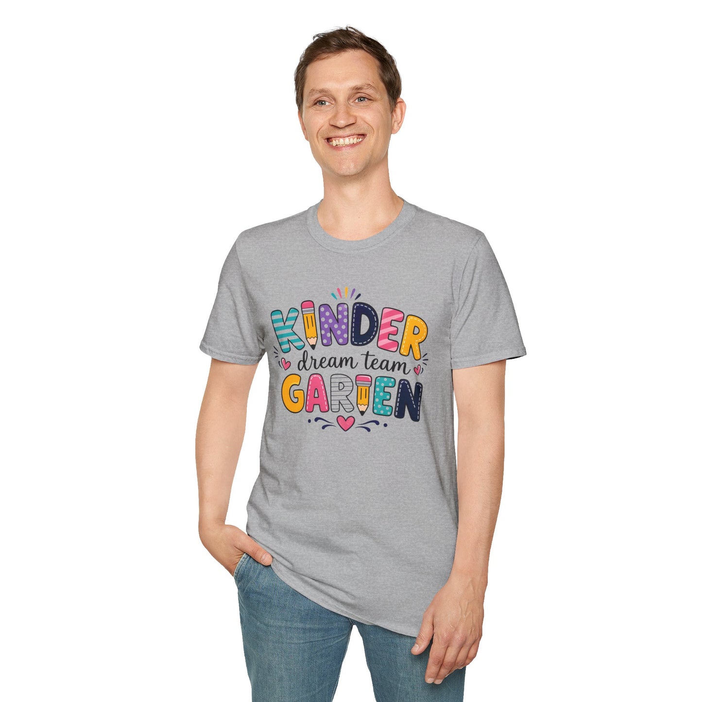 Sport grey crew-neck T-shirt with colorful “Kinder Dream Team Garden” graphic print.