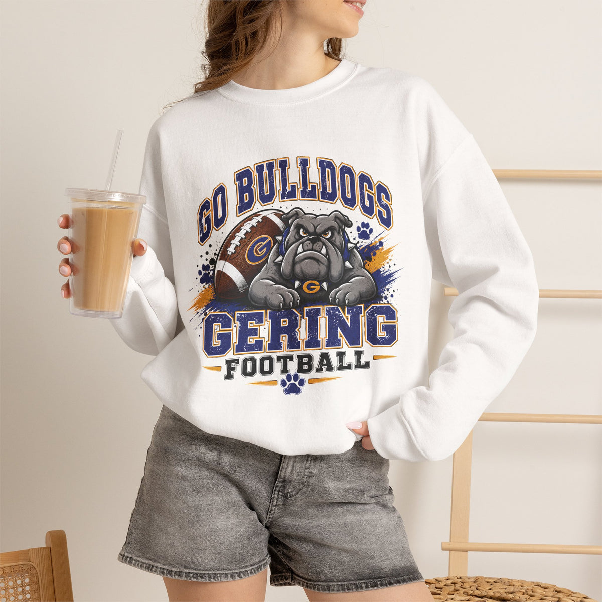 White crewneck sweatshirt with front Bulldogs Gering football mascot graphic
