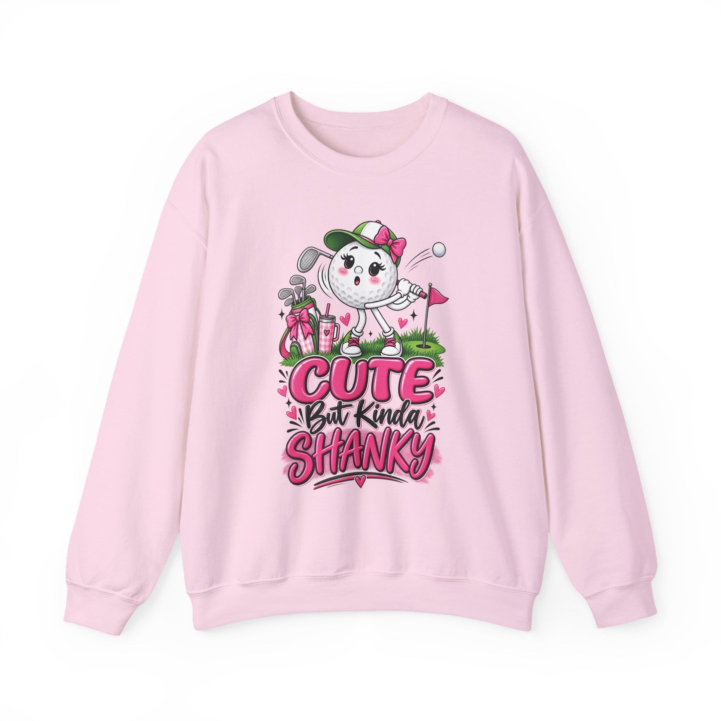 Light pink ladies golf sweatshirt, cartoon golfer graphic with pink 'Cute But Kinda Shanky' text