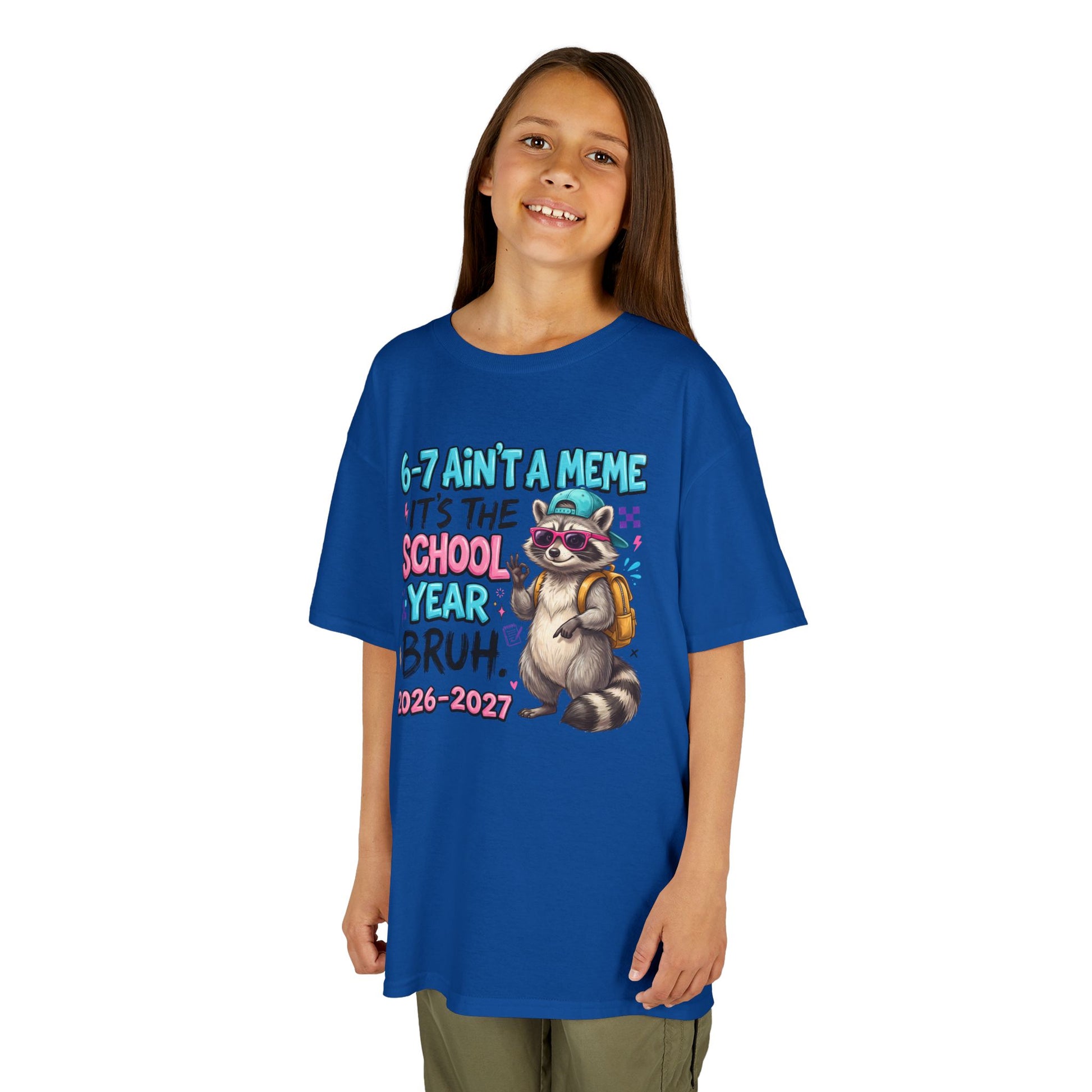 Royal blue kids graphic T-shirt with raccoon backpack meme print, worn by child