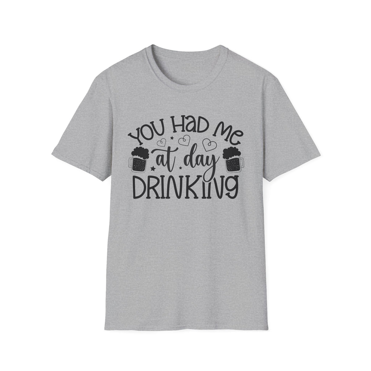 Sport grey T-shirt with “You Had Me at Day Drinking” drink-themed graphic, front view