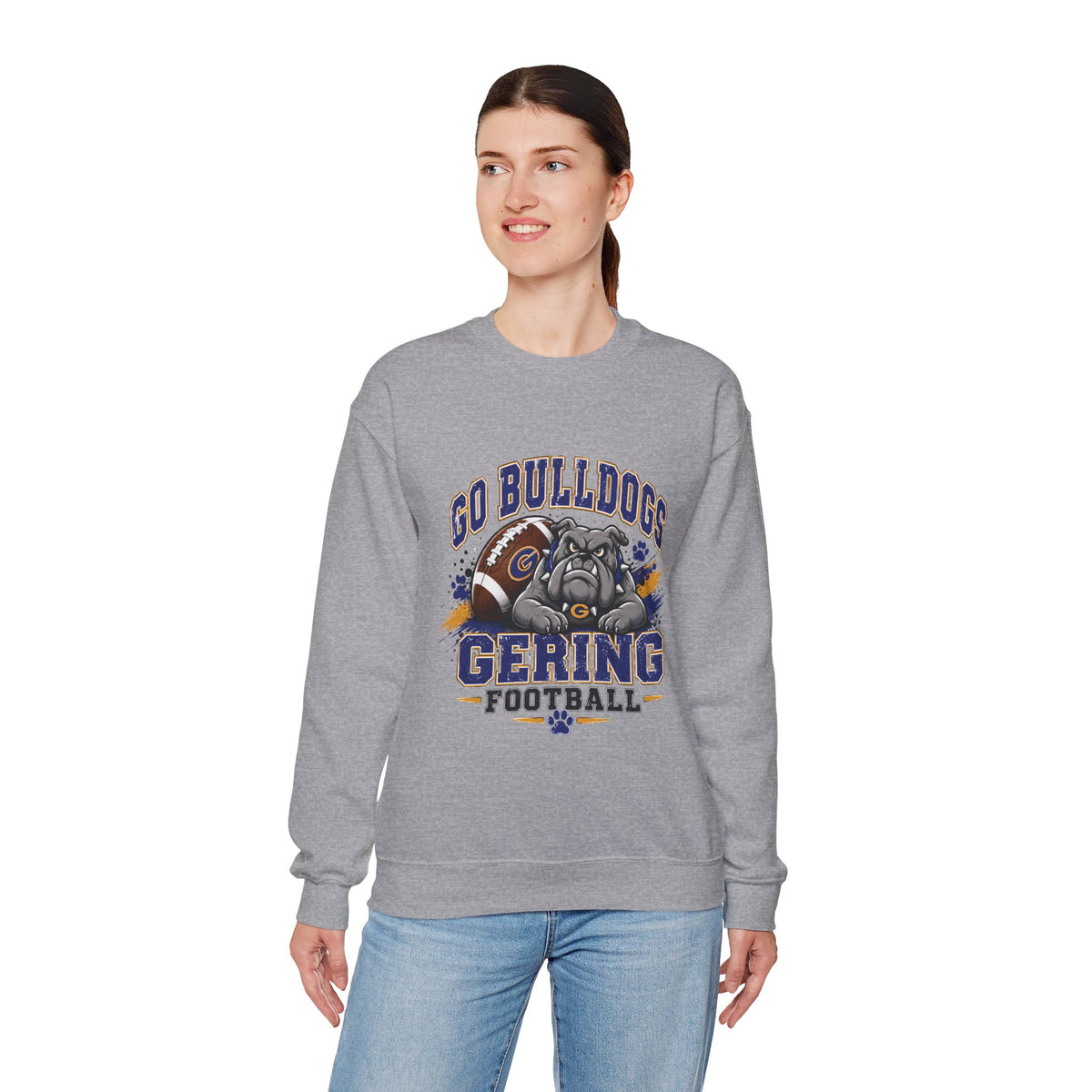 Sport grey crewneck sweatshirt worn by model, front Bulldogs Gering football graphic