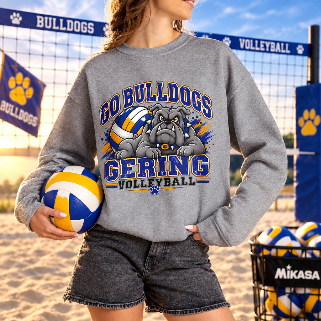 Sport grey crewneck sweatshirt worn by model, featuring a bulldog and volleyball team graphic