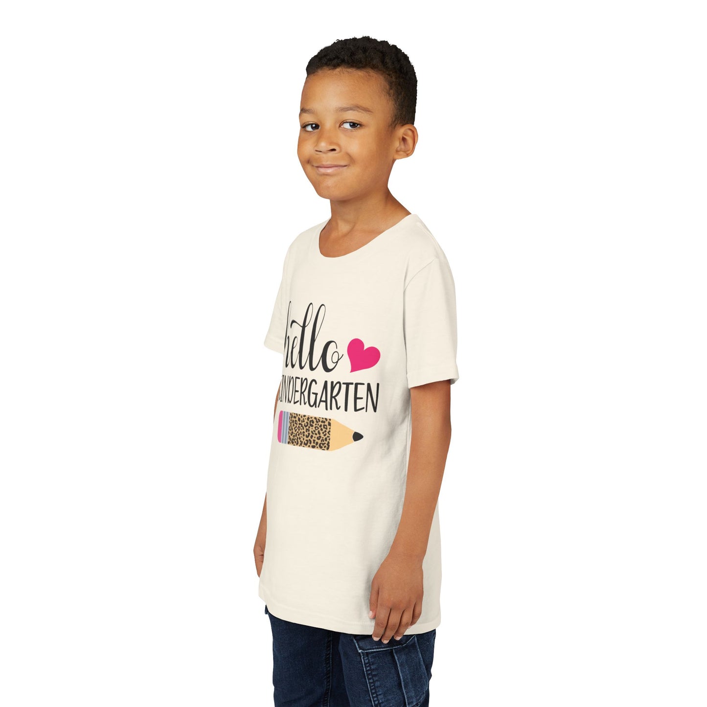 Youth T-shirt, white side view with “hello kindergarten” graphic and pink heart