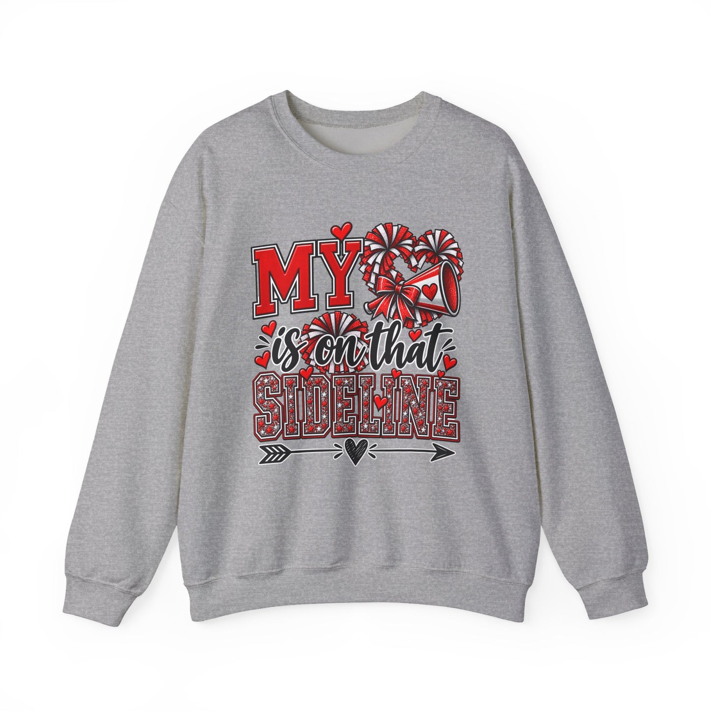 Sport grey crewneck sweatshirt with red heart and sideline graphic on the front