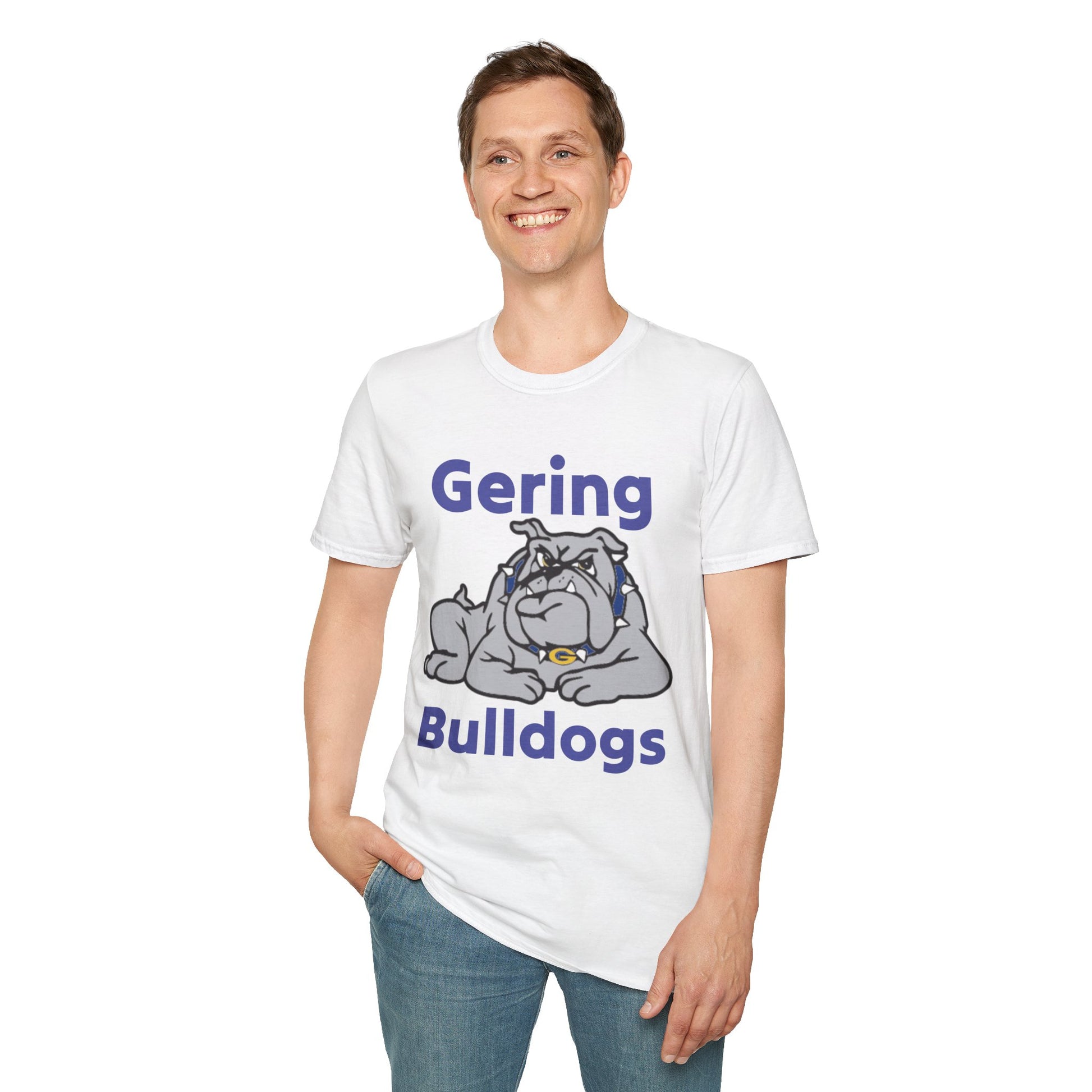 White Bulldogs graphic T-shirt with Gering text and bulldog logo, model wearing