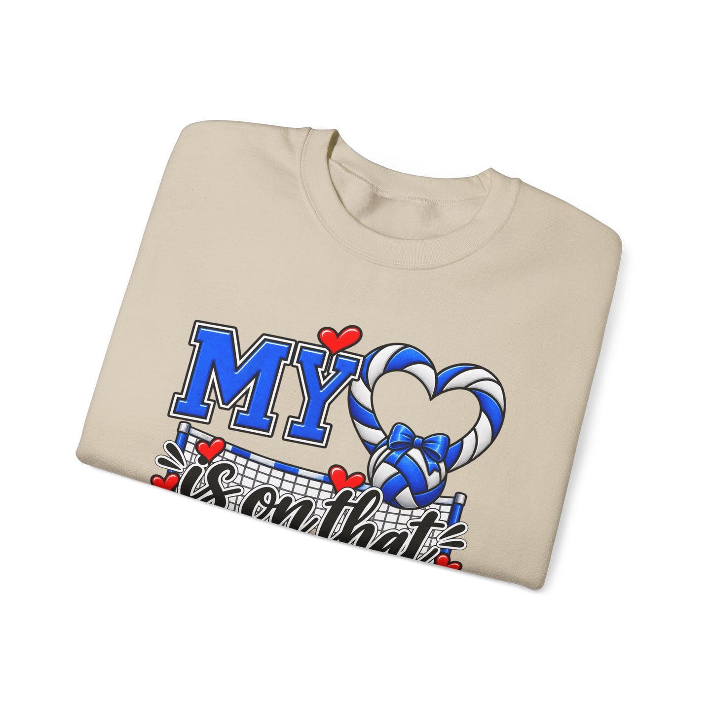 Sand volleyball graphic sweatshirt laid flat with blue volleyball heart court print