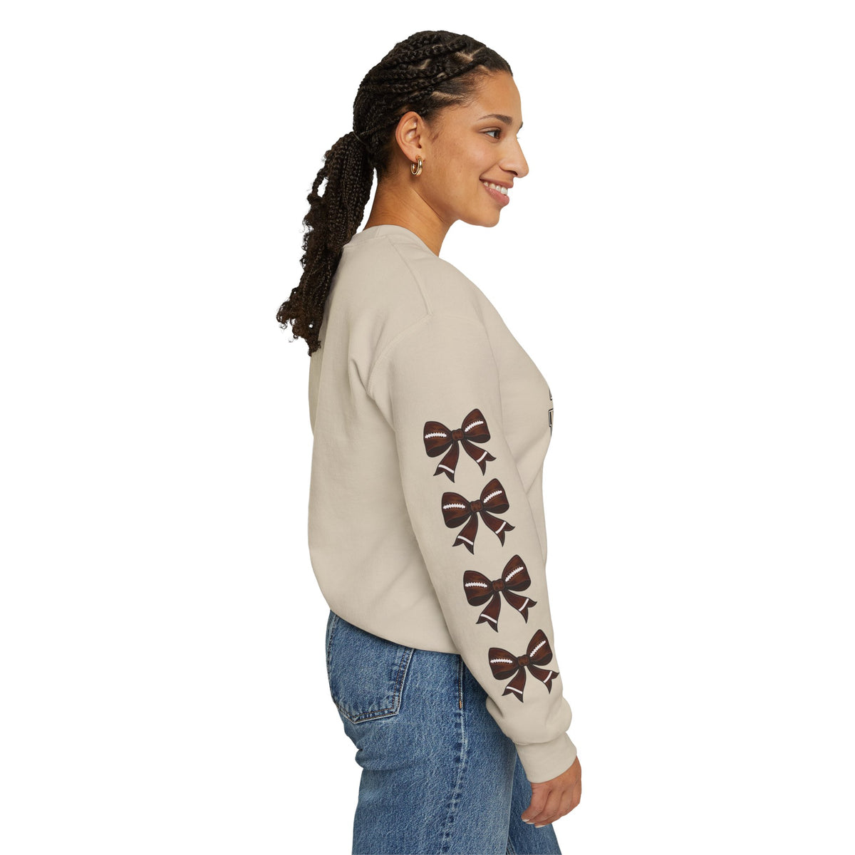 Sand crewneck sweatshirt back view with ribbon bow sleeve print