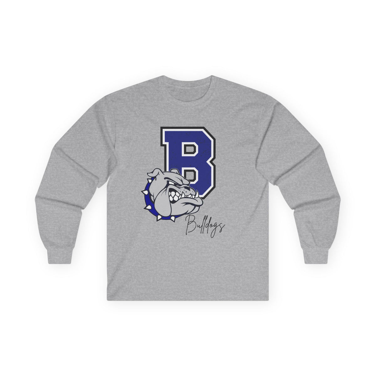 Heather grey long-sleeve crewneck shirt with Bulldogs B bulldog logo on front
