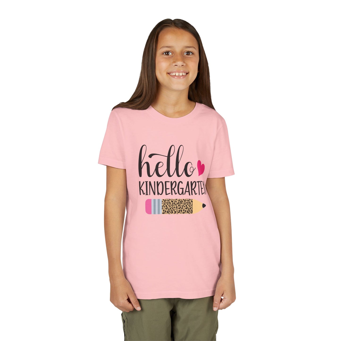 Youth T-shirt, pink with “hello kindergarten” graphic and pink heart