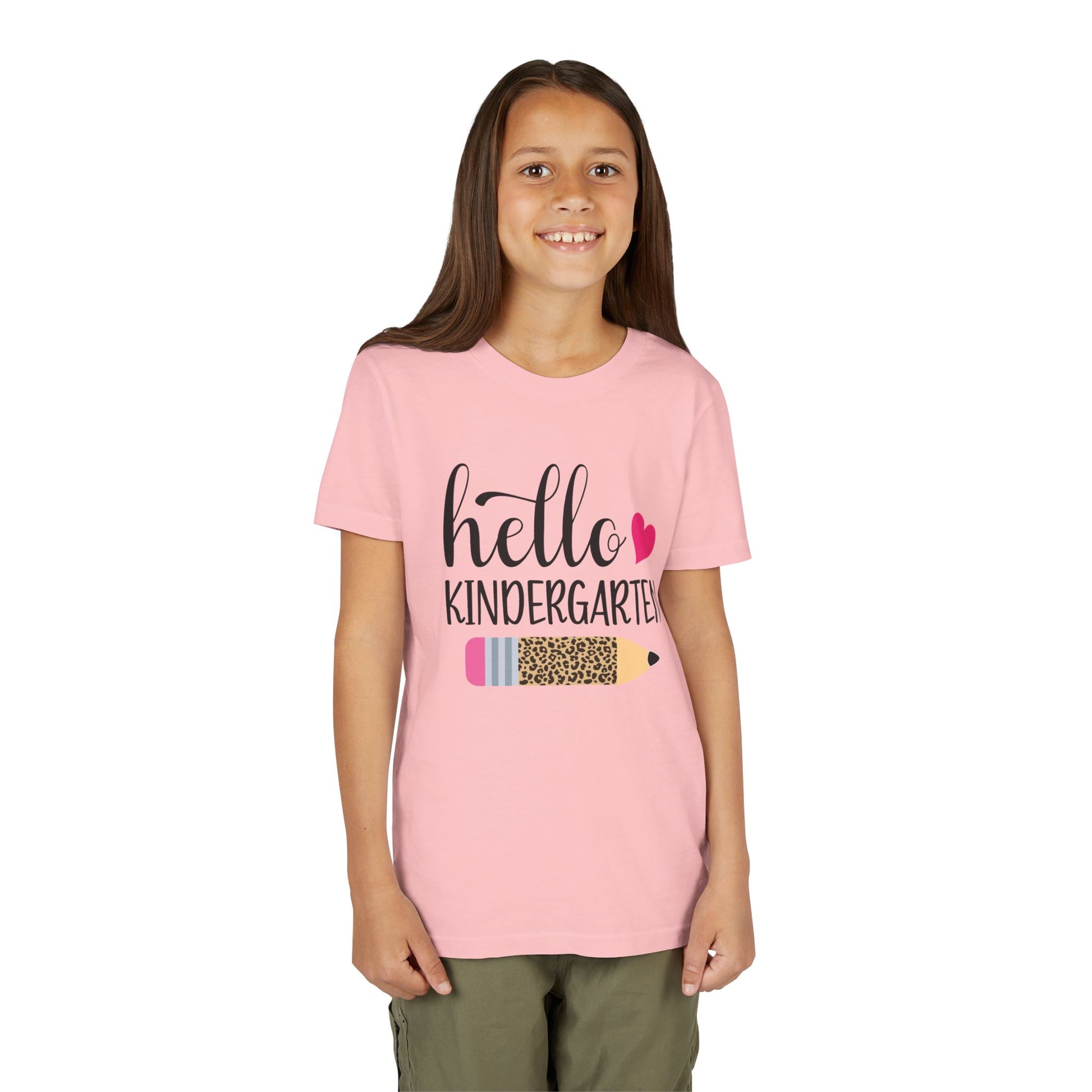 Youth T-shirt, pink with “hello kindergarten” graphic and pink heart