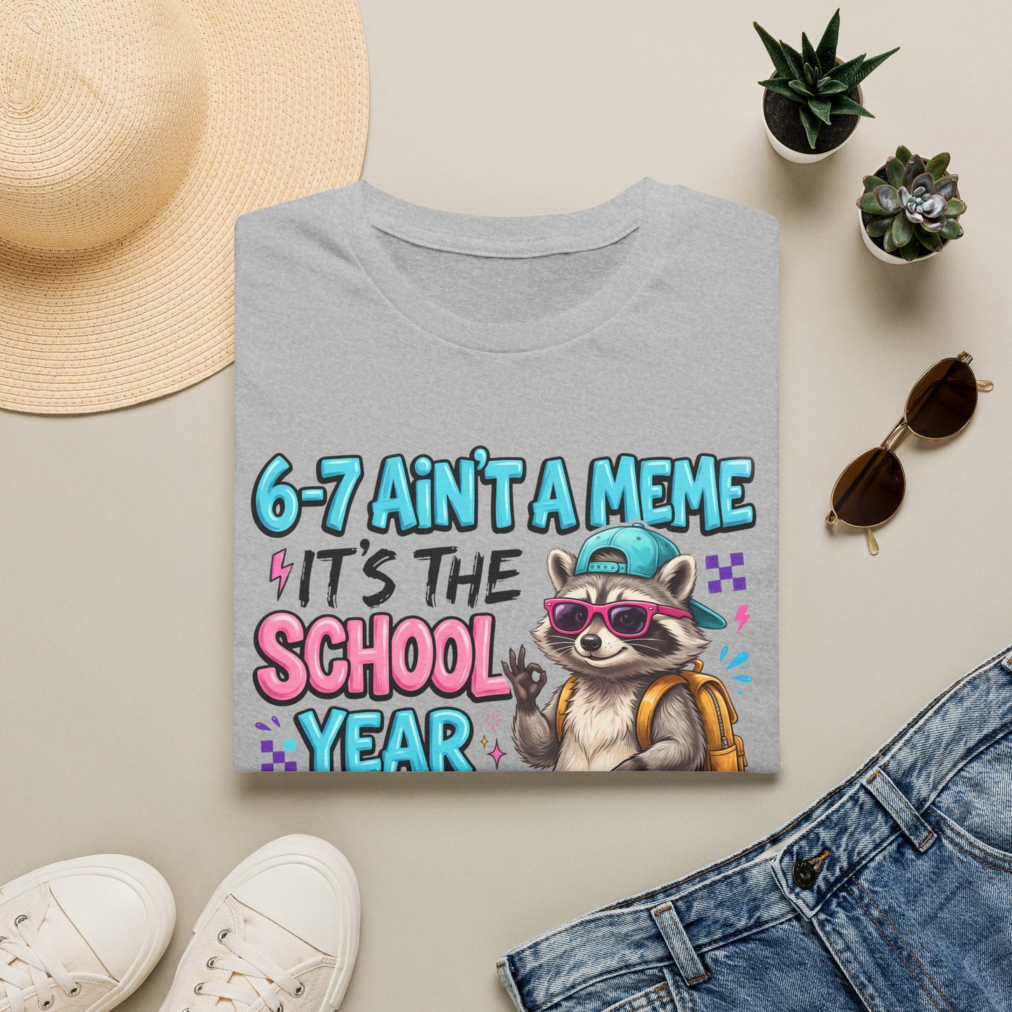 Sport grey raccoon back-to-school T-shirt with front school-year graphic and text
