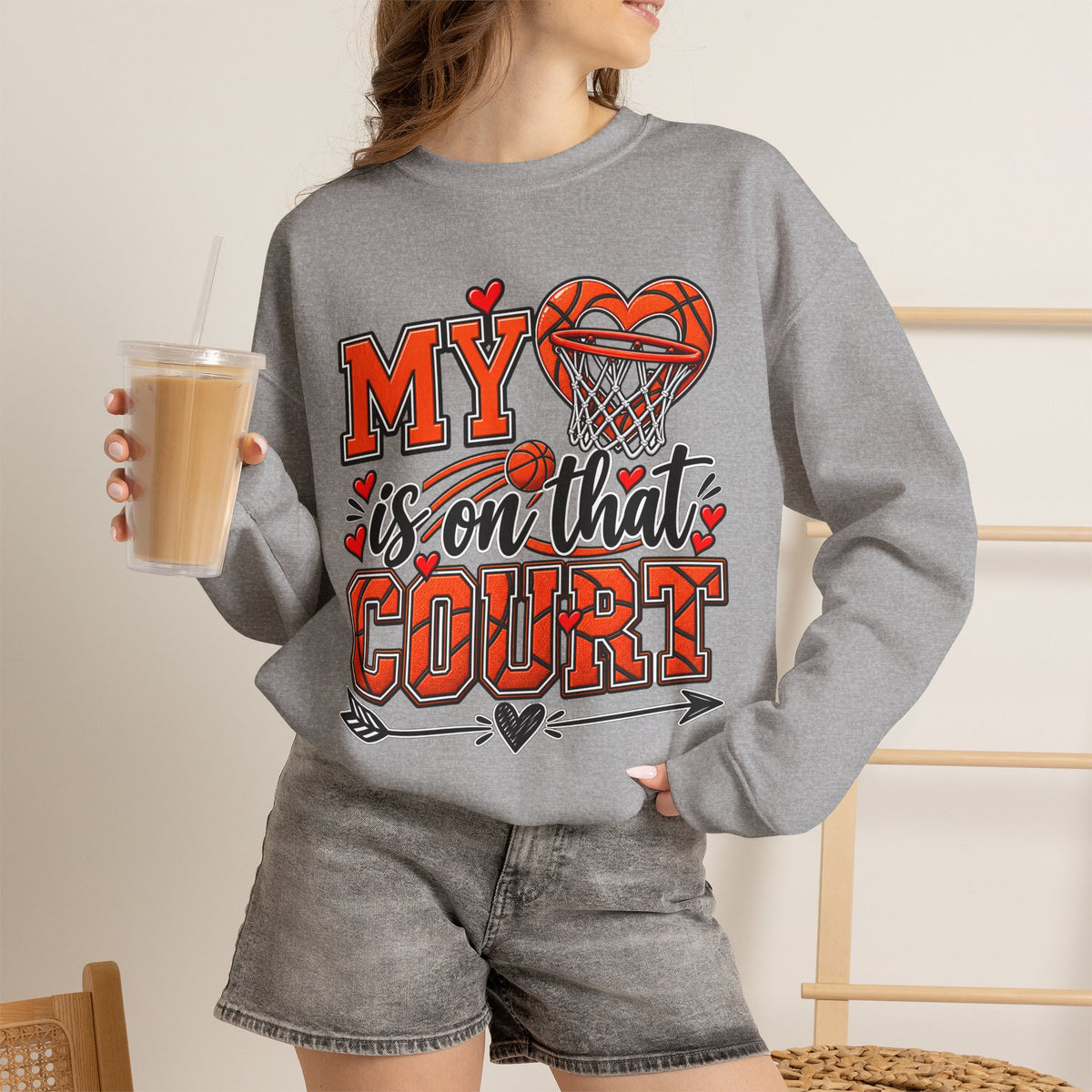 Sport grey sweatshirt with basketball hoop and heart graphic, long sleeves